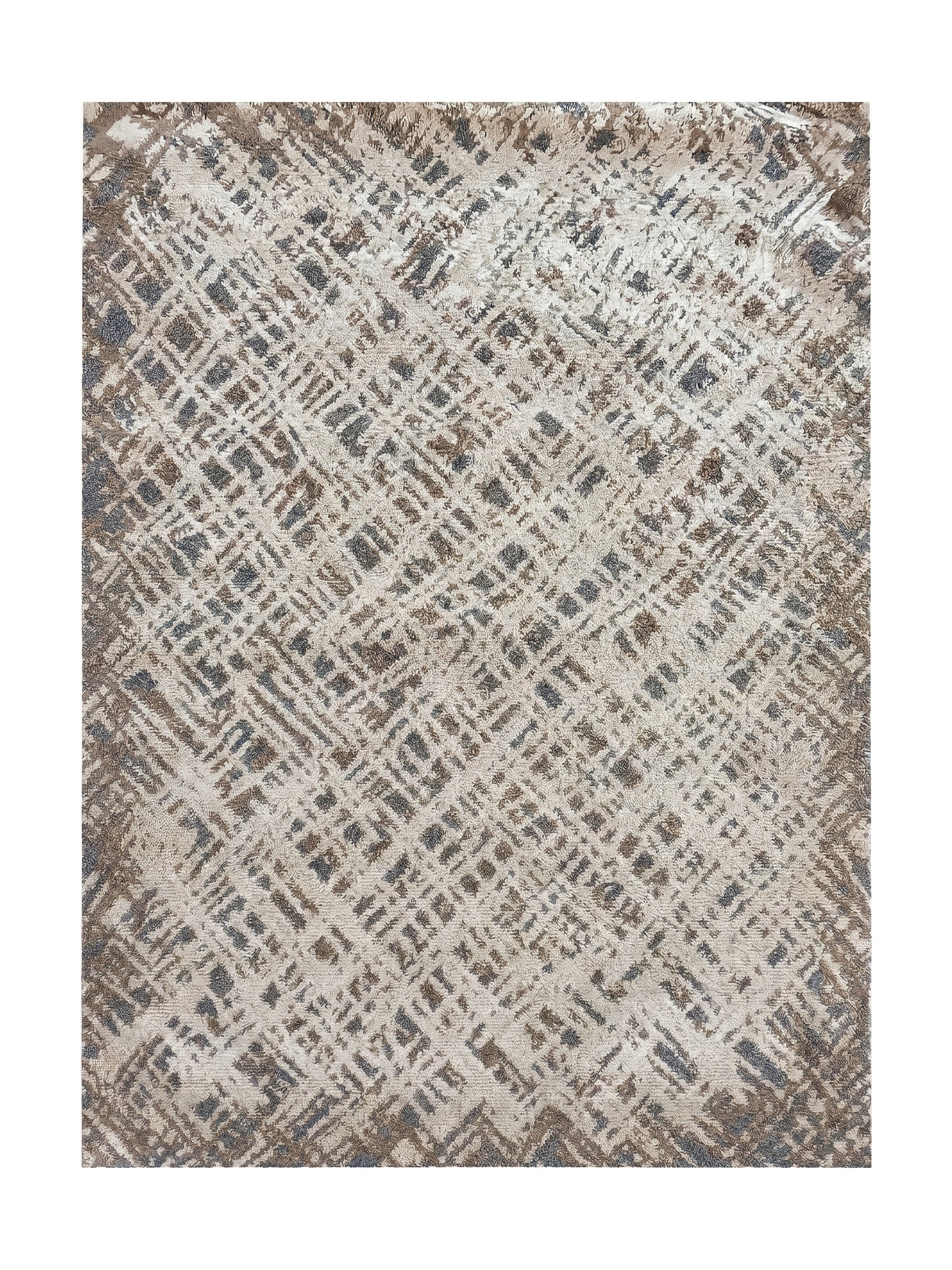 Tapis texturé avec un motif abstrait de lignes croisées en beige, marron et bleu-gris