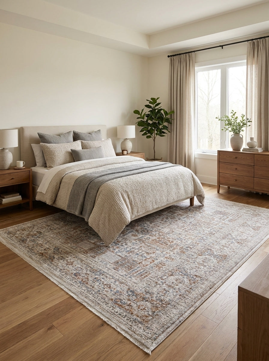 Tapis aux motifs traditionnels vieillis beige, bleu et rouille, aux bordures effilochées, sur parquet