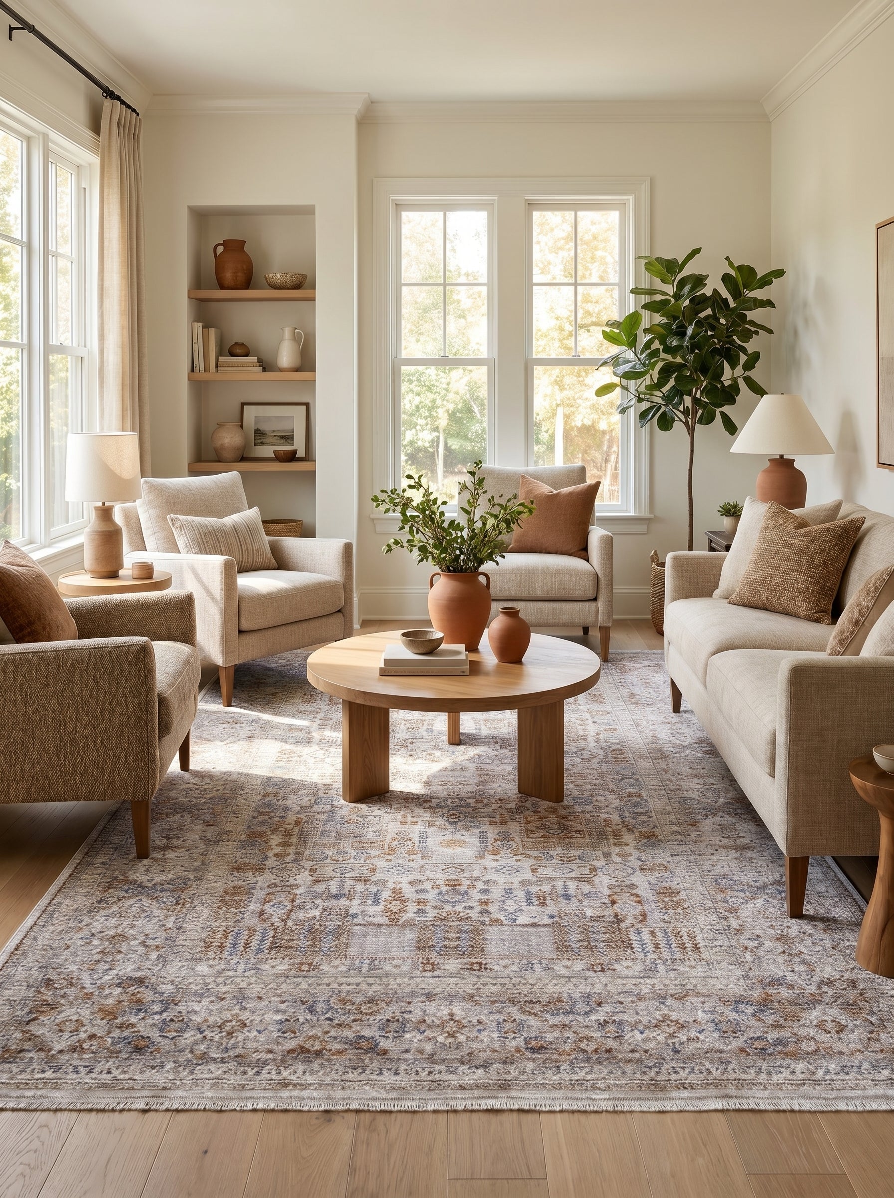 Tapis rectangulaire tissé aux motifs persans délavés beige, bleu et rouille, avec des franges, dans un salon moderne