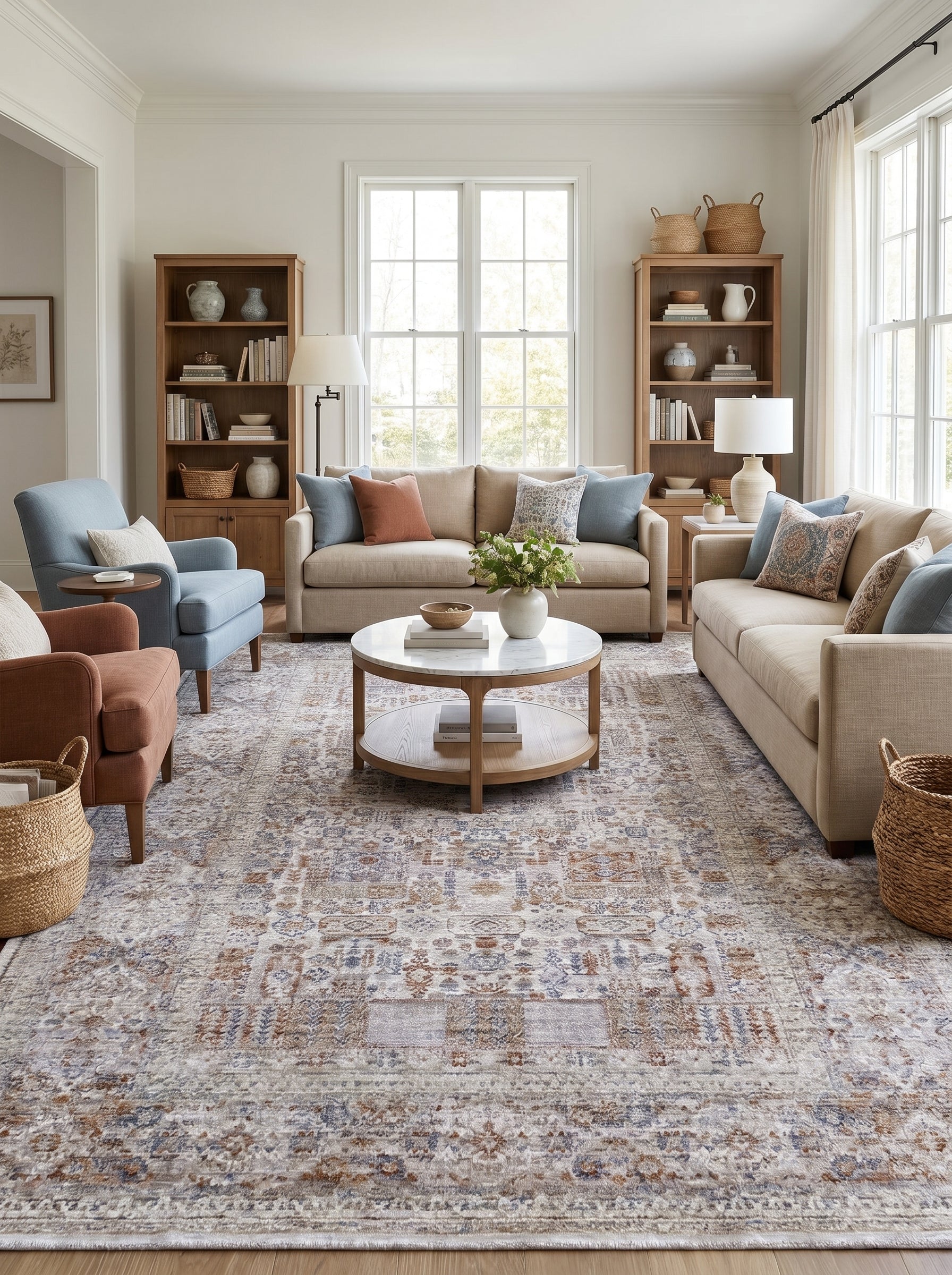 Tapis rectangulaire aux motifs floraux et géométriques délavés en beige, bleu lavande et rouille dans un salon