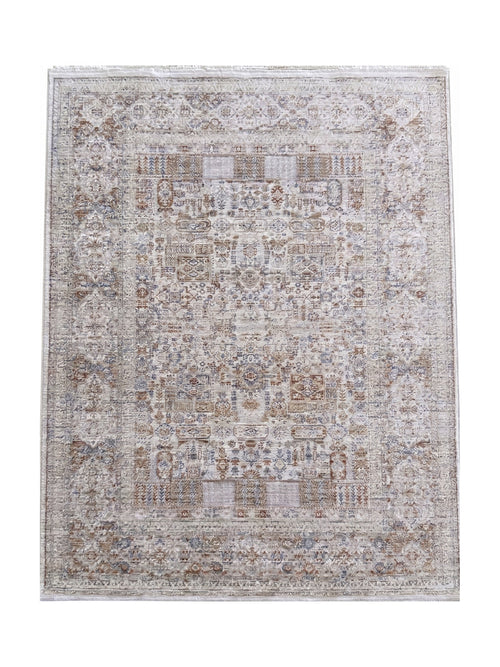 Grand tapis rectangulaire aux motifs traditionnels et géométriques beige crème, marron rouille et bleu gris, avec des franges