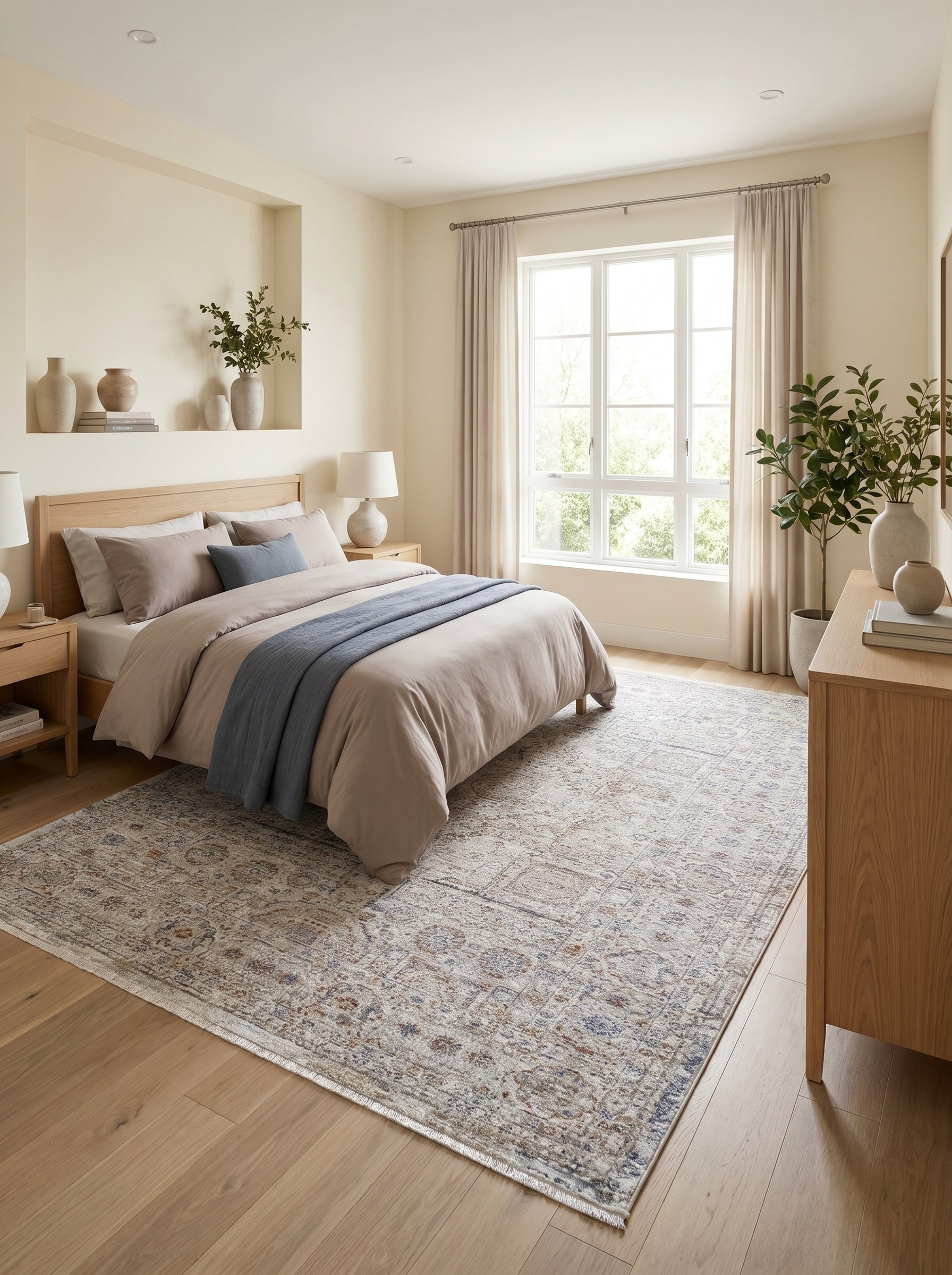 Tapis rectangulaire à motifs orientaux patinés gris clair, bleu et rouille, sur un parquet en bois dans une chambre à coucher