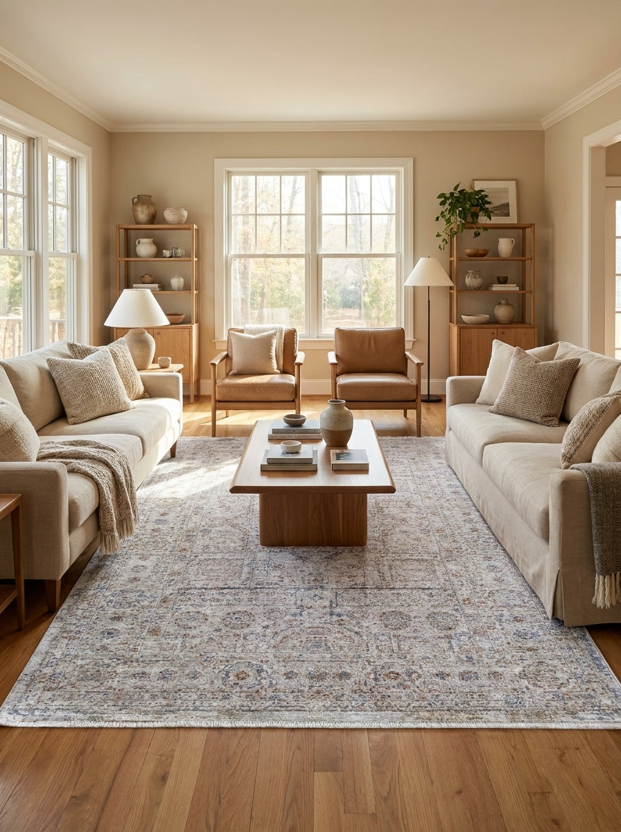Tapis rectangulaire à motifs traditionnels délavés bleus, rouille et beige sur fond clair, dans un salon lumineux