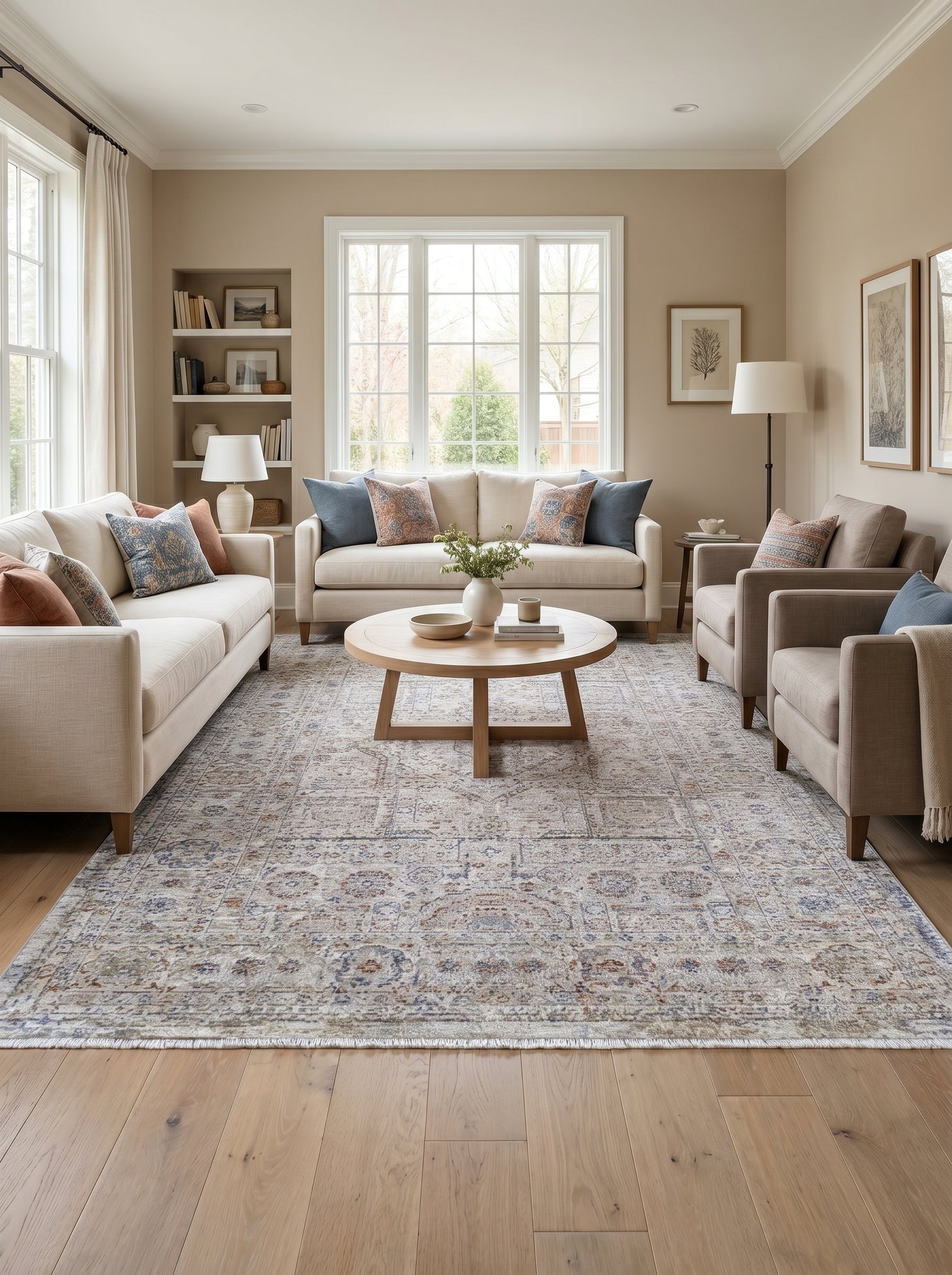 Tapis rectangulaire à motifs traditionnels vieillis en crème, bleu et terre cuite, avec franges. Il couvre le sol d'un salon