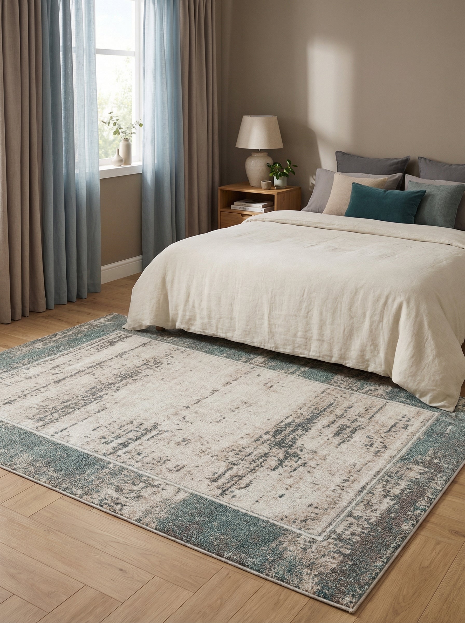 Tapis rectangulaire à motifs abstraits beige et gris avec une bordure texturée bleu-vert posé sur le parquet d'une chambre à coucher