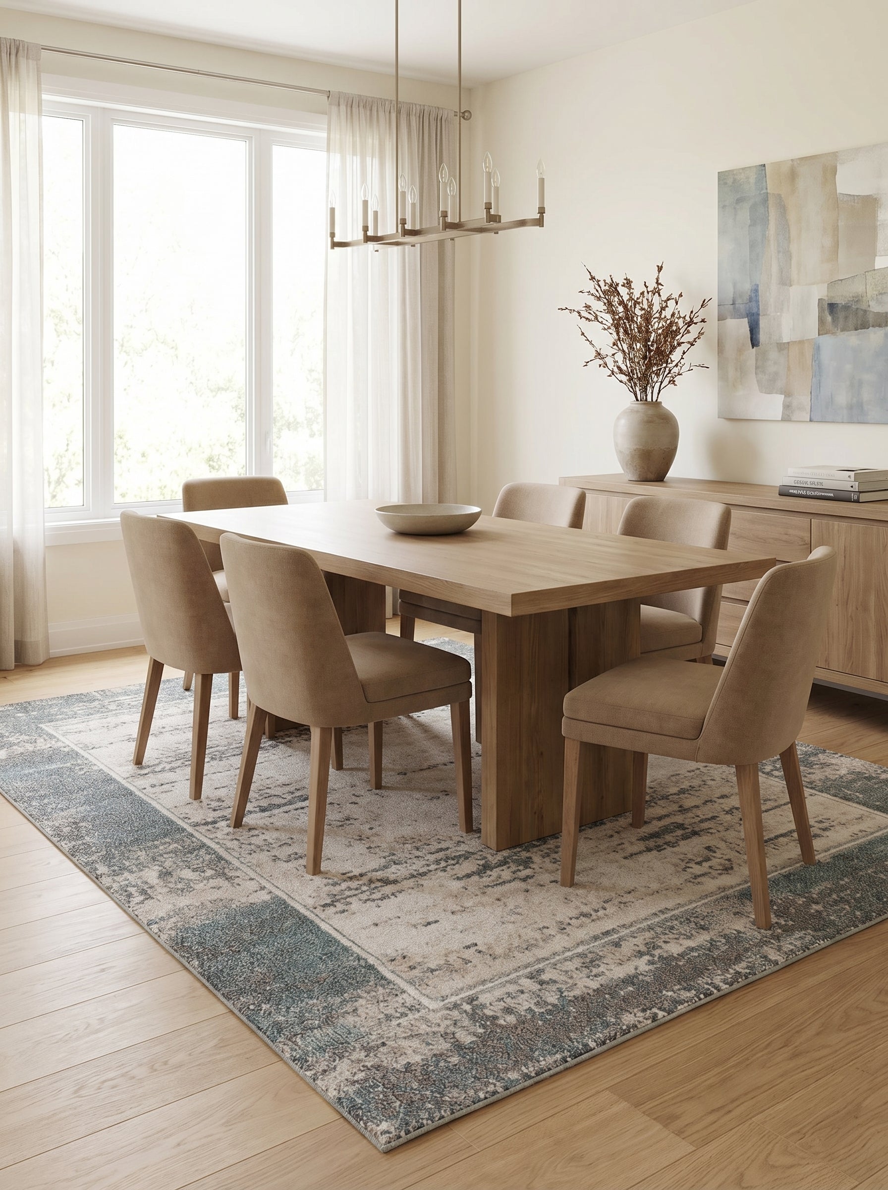 Tapis rectangulaire tissé aux motifs abstraits délavés crème, bleu-vert et gris, avec une bordure contrastante, au centre d'une salle à manger