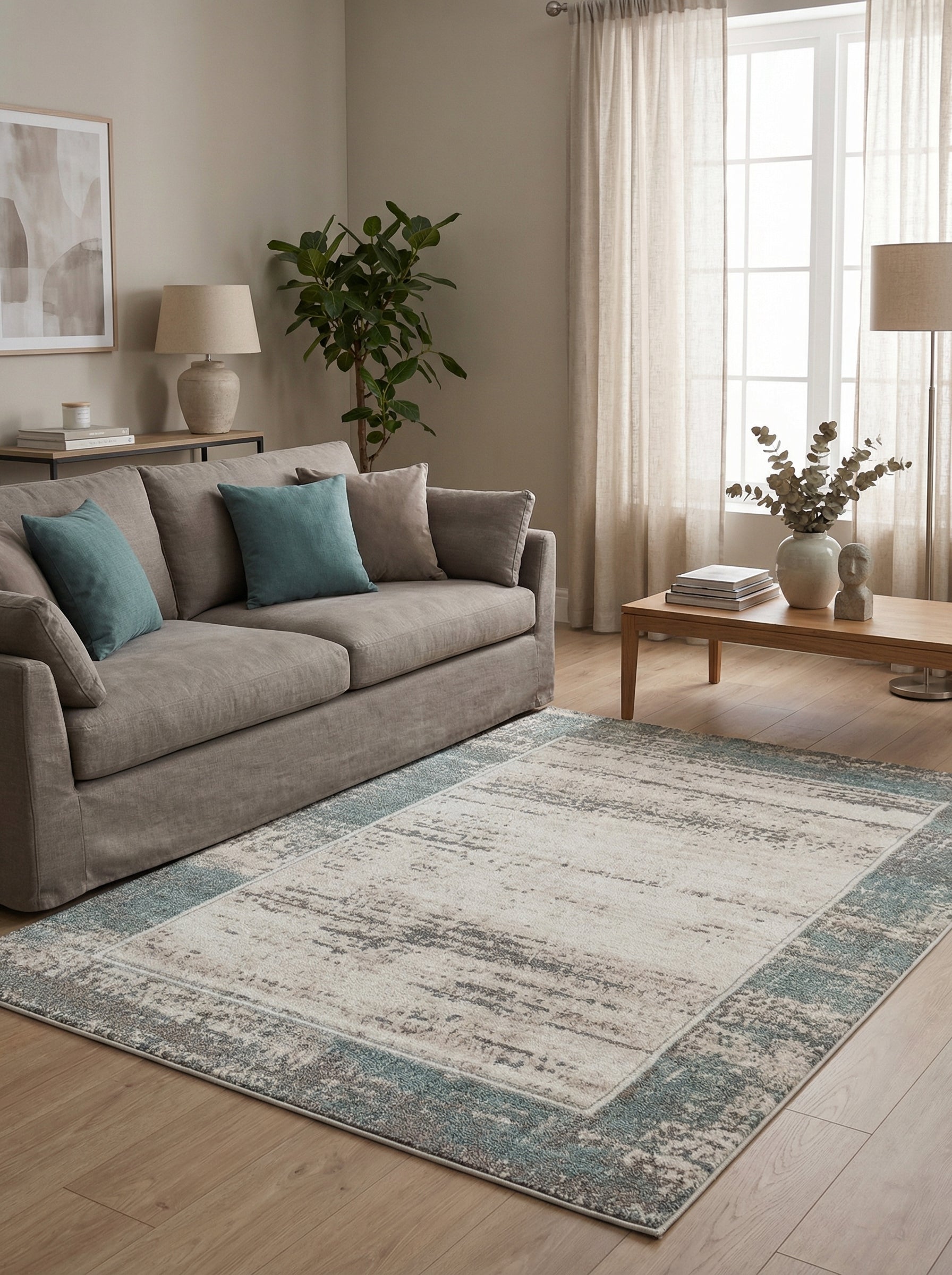 Tapis rectangulaire clair avec des motifs abstraits gris et beige, encadré d'une bordure bleu-vert texturée, dans un salon moderne