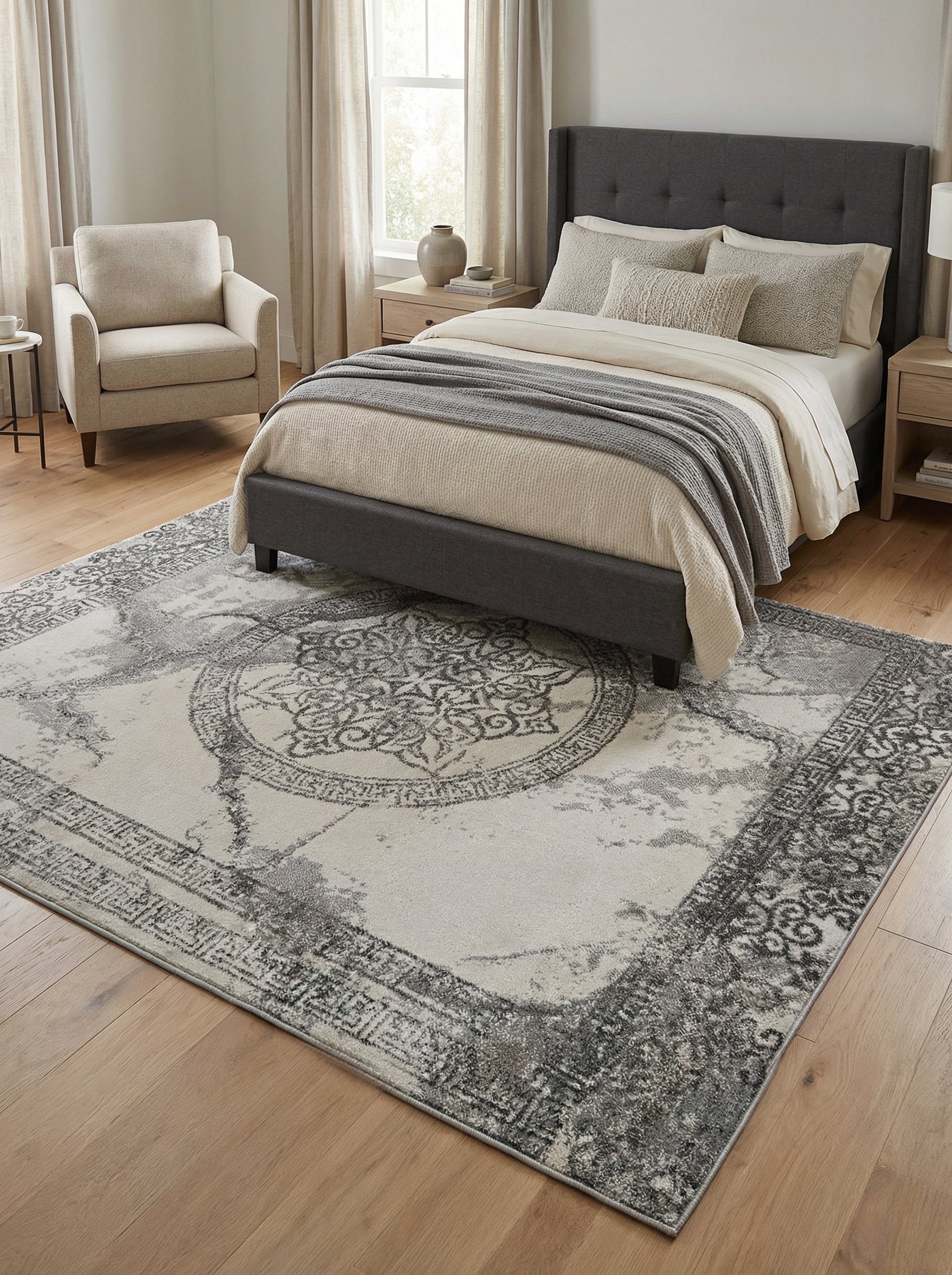 Tapis rectangulaire crème et gris avec médaillon central et bordures à motifs classiques au look vieilli dans une chambre
