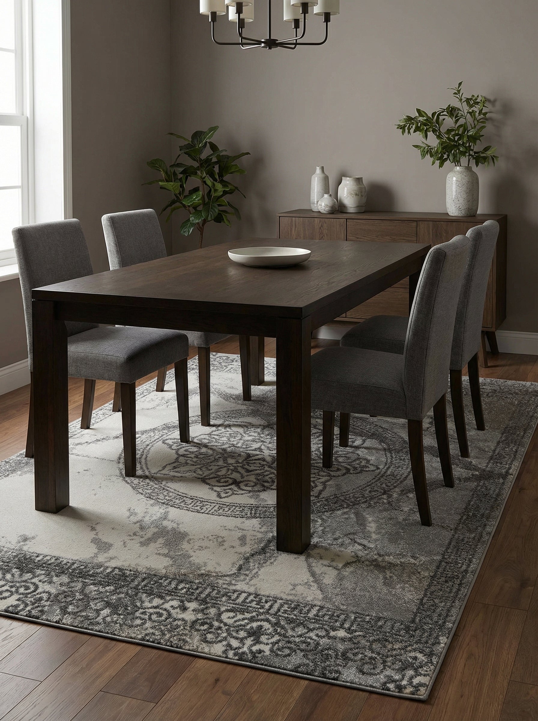 Tapis rectangulaire gris clair et anthracite avec médaillon central et bordures à motifs traditionnels usés, dans une salle à manger