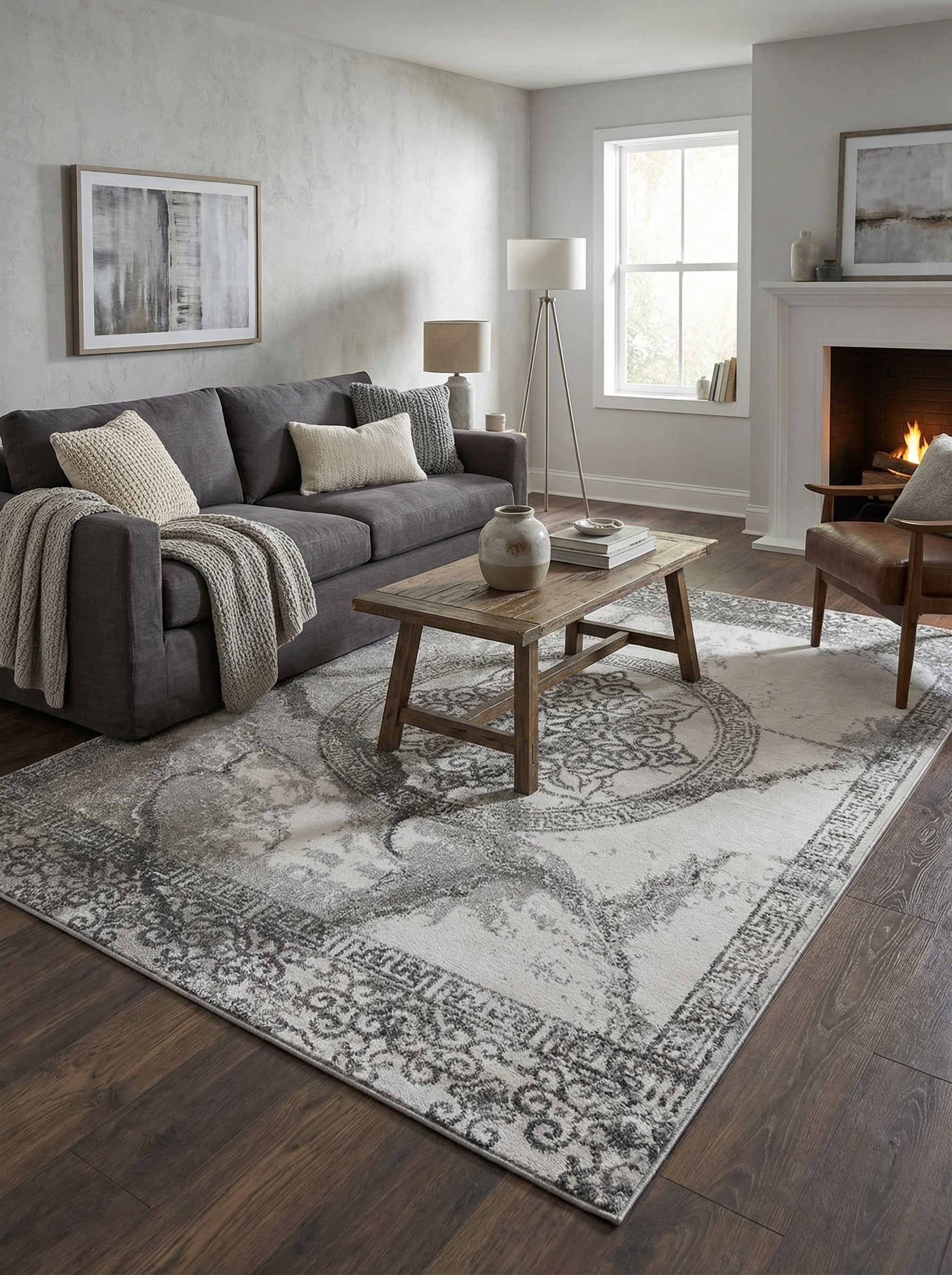 Un tapis rectangulaire aux motifs classiques gris et blanc cassé avec un effet vieilli sur un parquet dans un salon