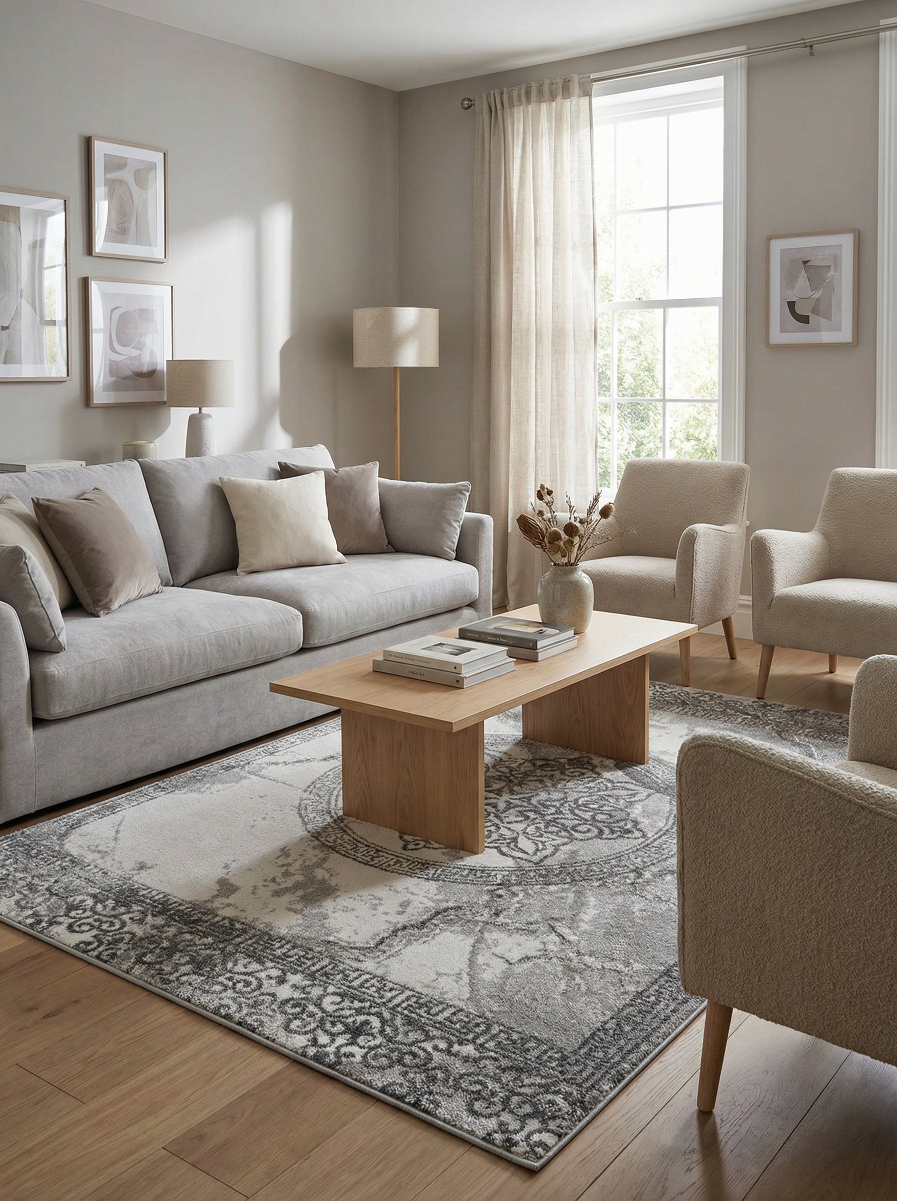 Tapis rectangulaire aux motifs gris foncé sur fond clair, avec médaillon central et bordure ornementale, dans un salon moderne
