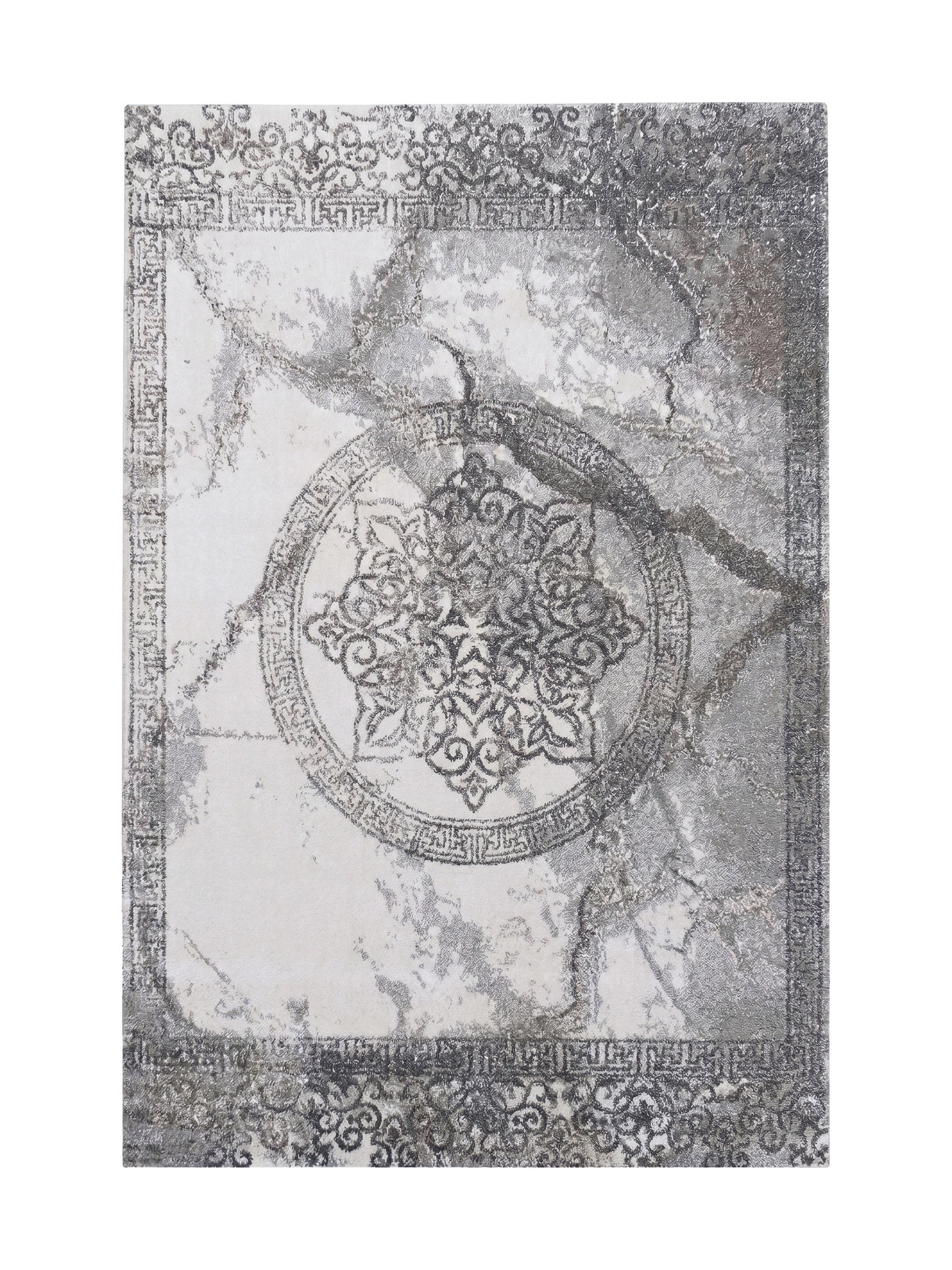 Tapis rectangulaire gris clair et anthracite à motifs ornementaux, avec un médaillon central et un aspect patiné