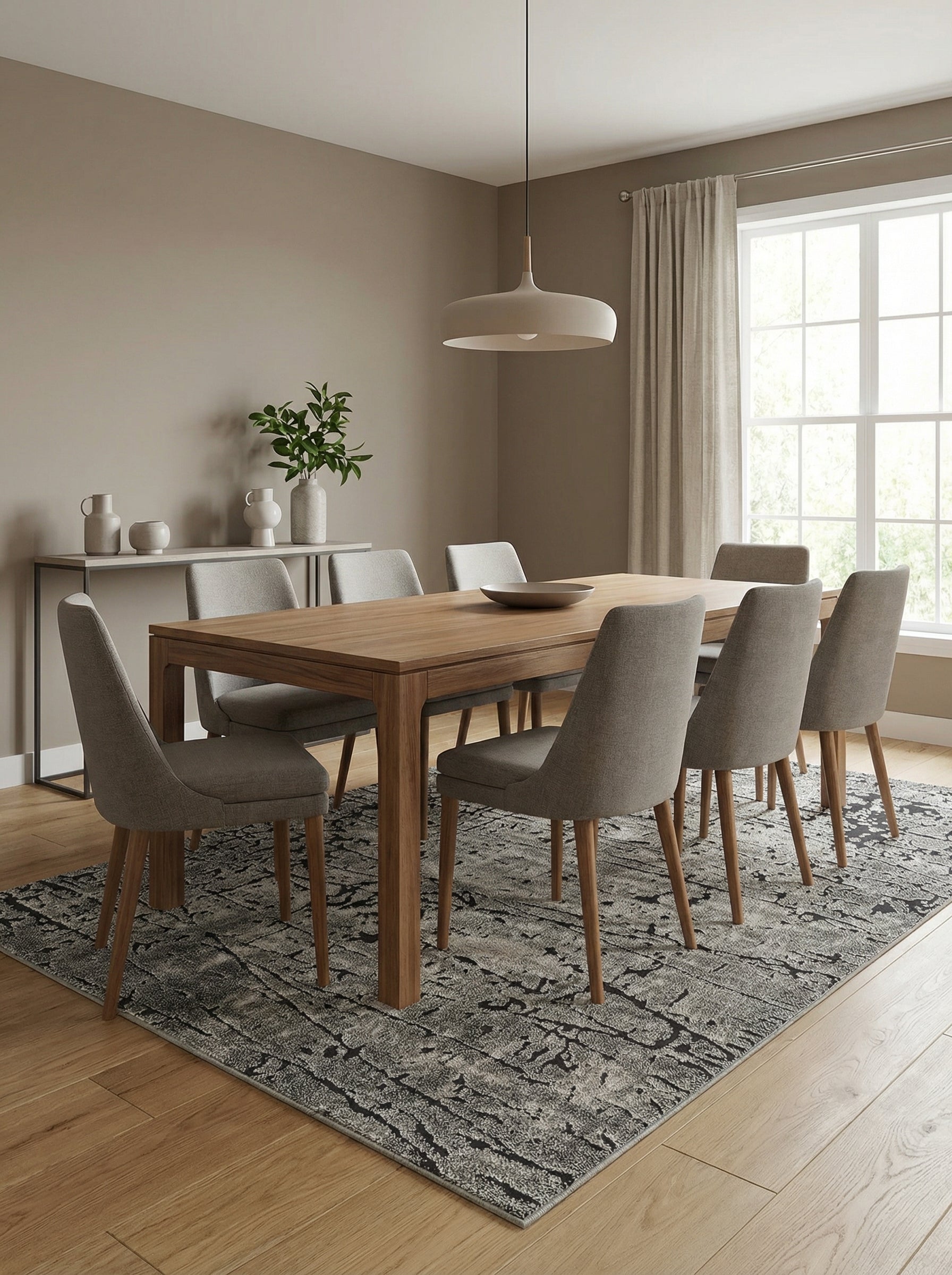 Tapis rectangulaire gris anthracite aux motifs abstraits clairs et texturés, placé dans une salle à manger