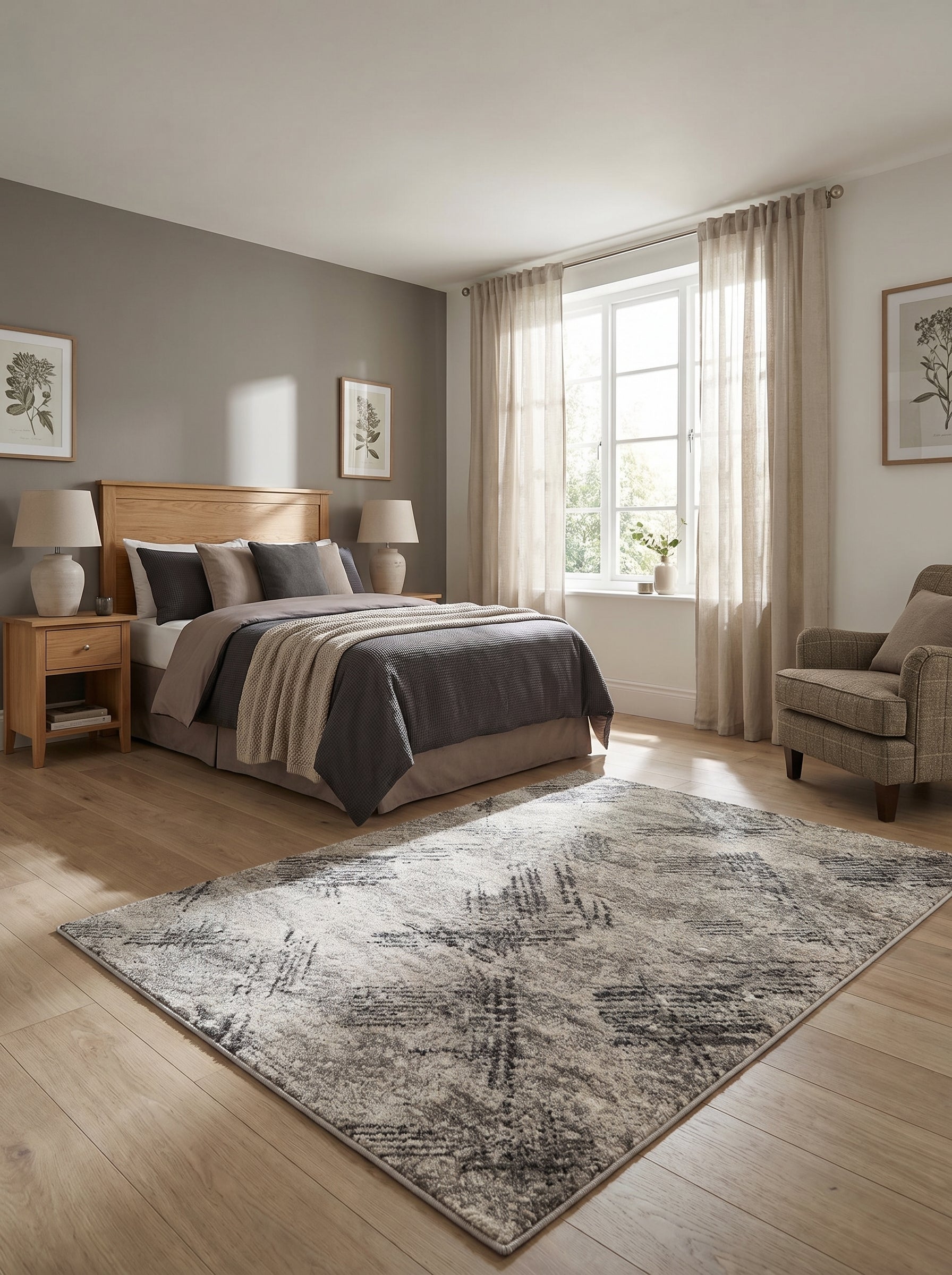 Tapis rectangulaire aux tons gris clair et beige avec des motifs abstraits foncés, sur un plancher en bois dans une chambre