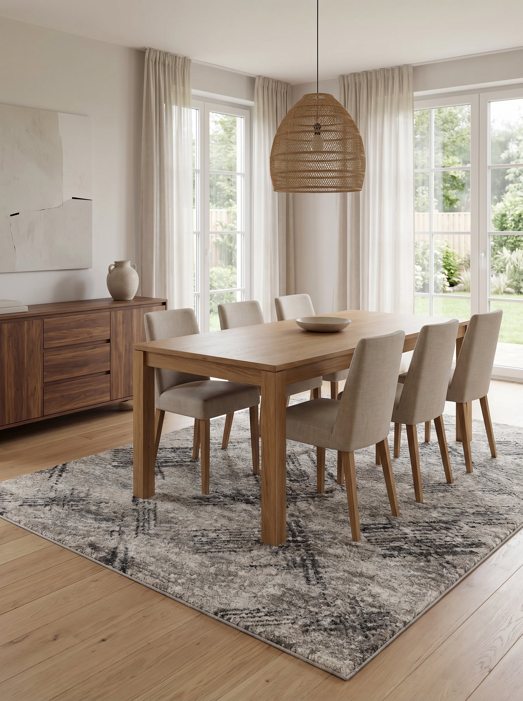 Tapis rectangulaire aux motifs abstraits gris clair, foncé et noir, à l'aspect texturé, dans une salle à manger lumineuse