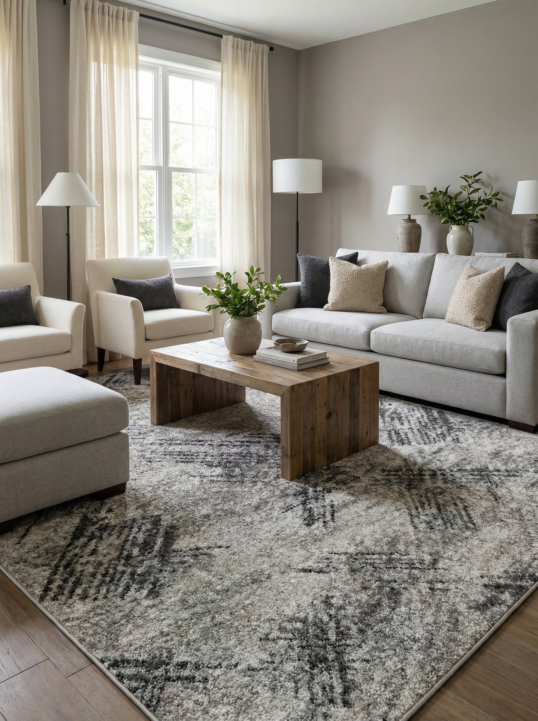 Tapis rectangulaire texturé gris clair et blanc cassé, orné de motifs abstraits foncés et irréguliers, posé dans un salon