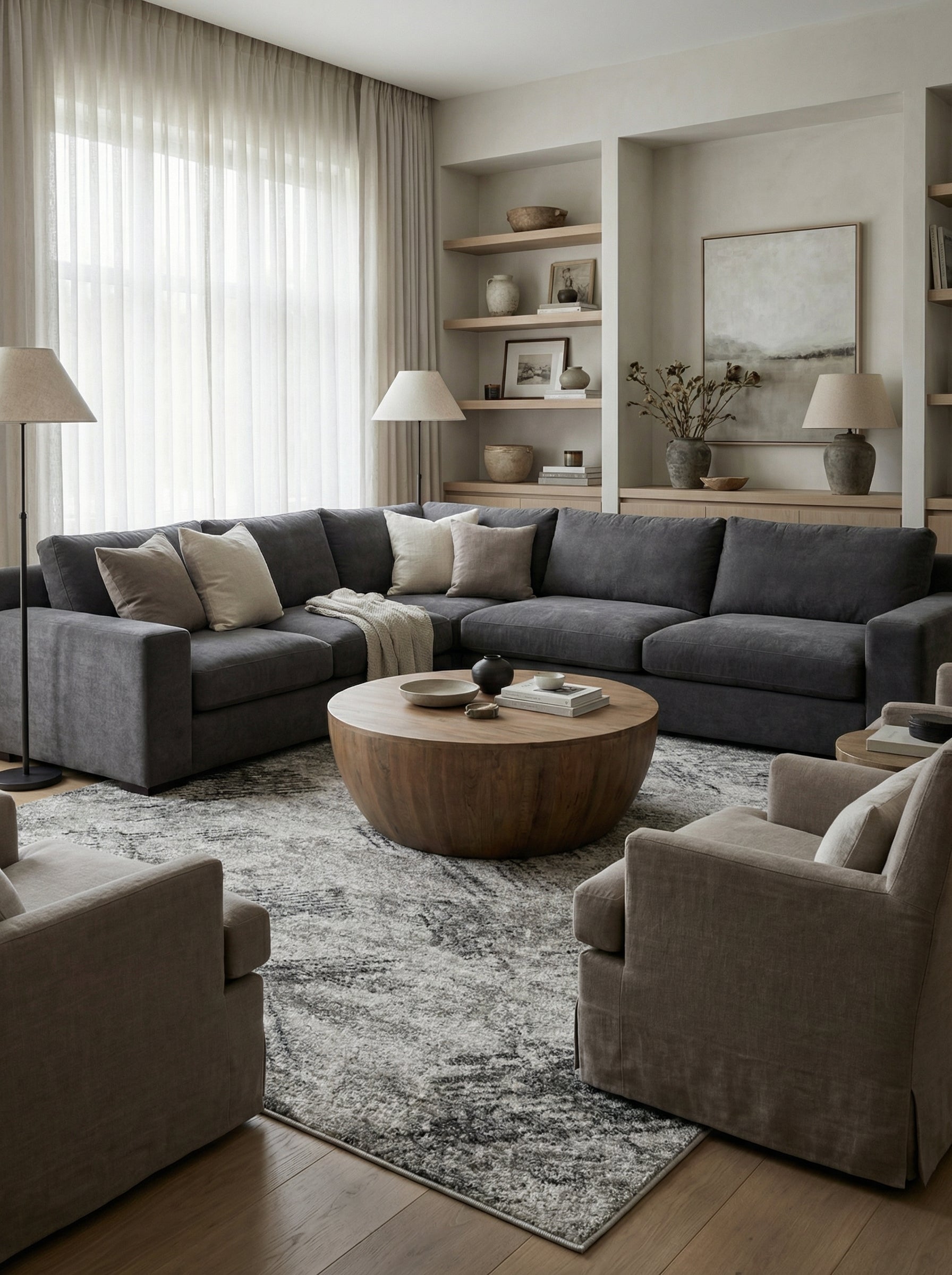 Tapis rectangulaire gris anthracite et gris clair avec des motifs abstraits et texturés, posé sur un parquet dans un salon moderne