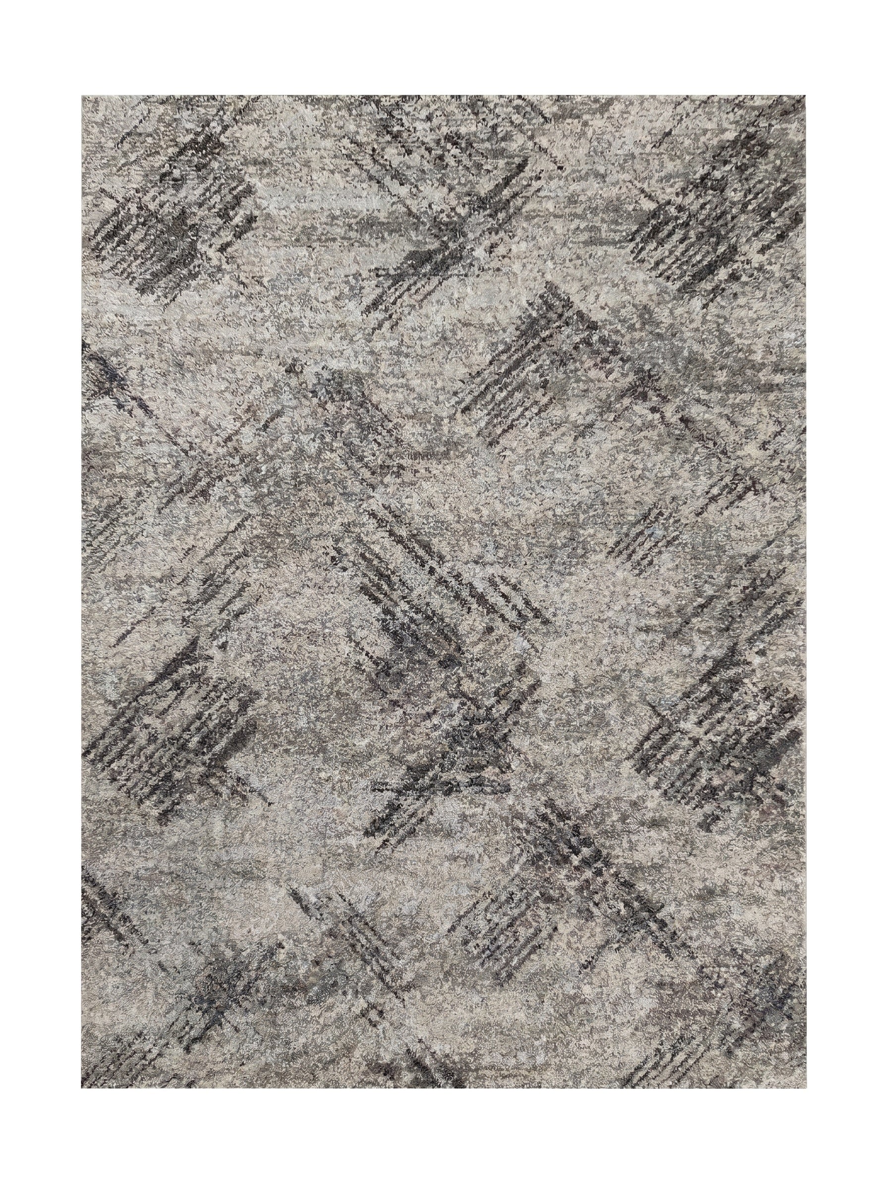 Tapis rectangulaire gris clair et gris foncé avec un motif abstrait de traits hachurés sombres