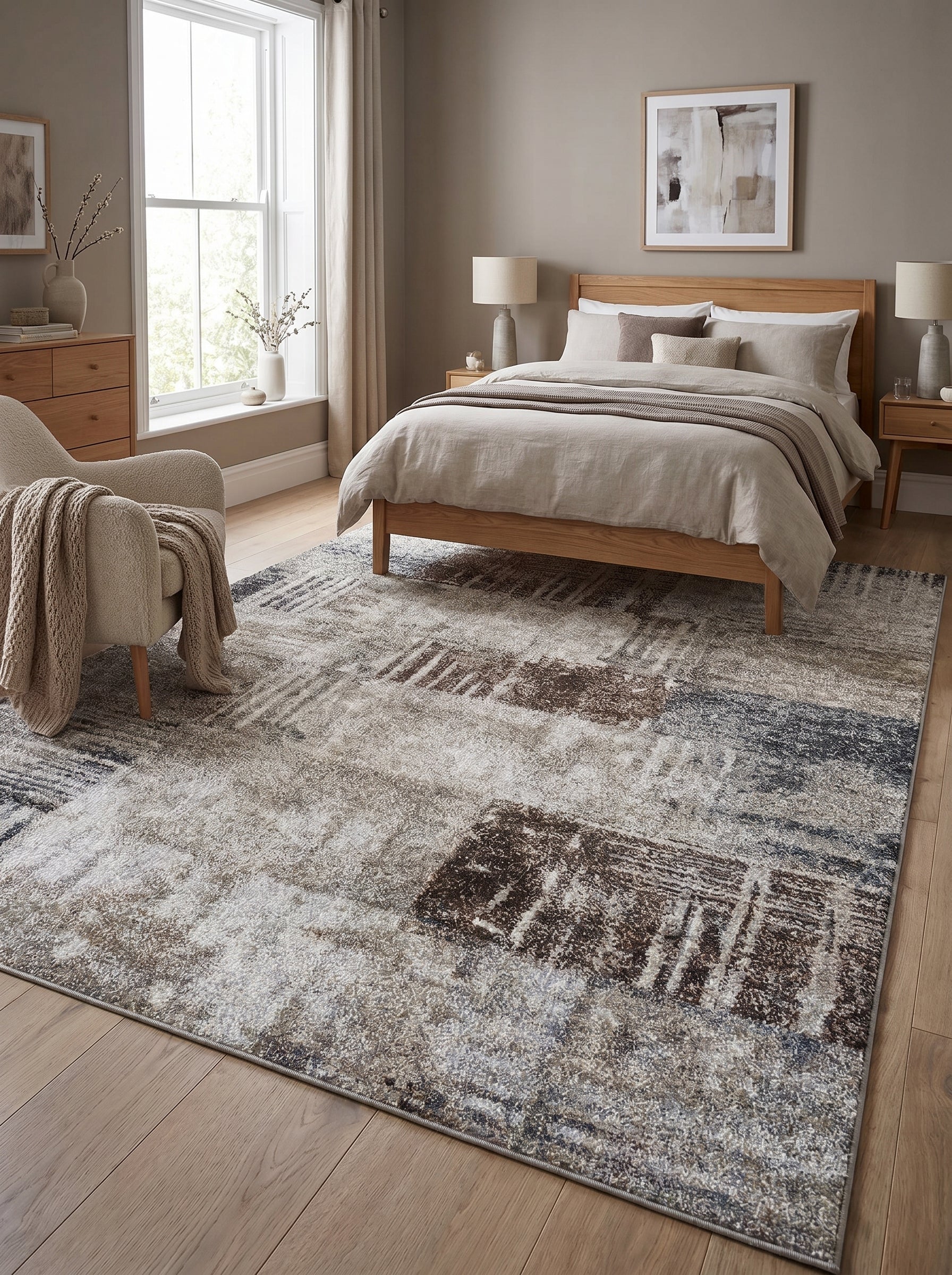 Tapis rectangulaire aux motifs abstraits et texturés gris, bruns et bleus, posé sur le plancher en bois d'une chambre