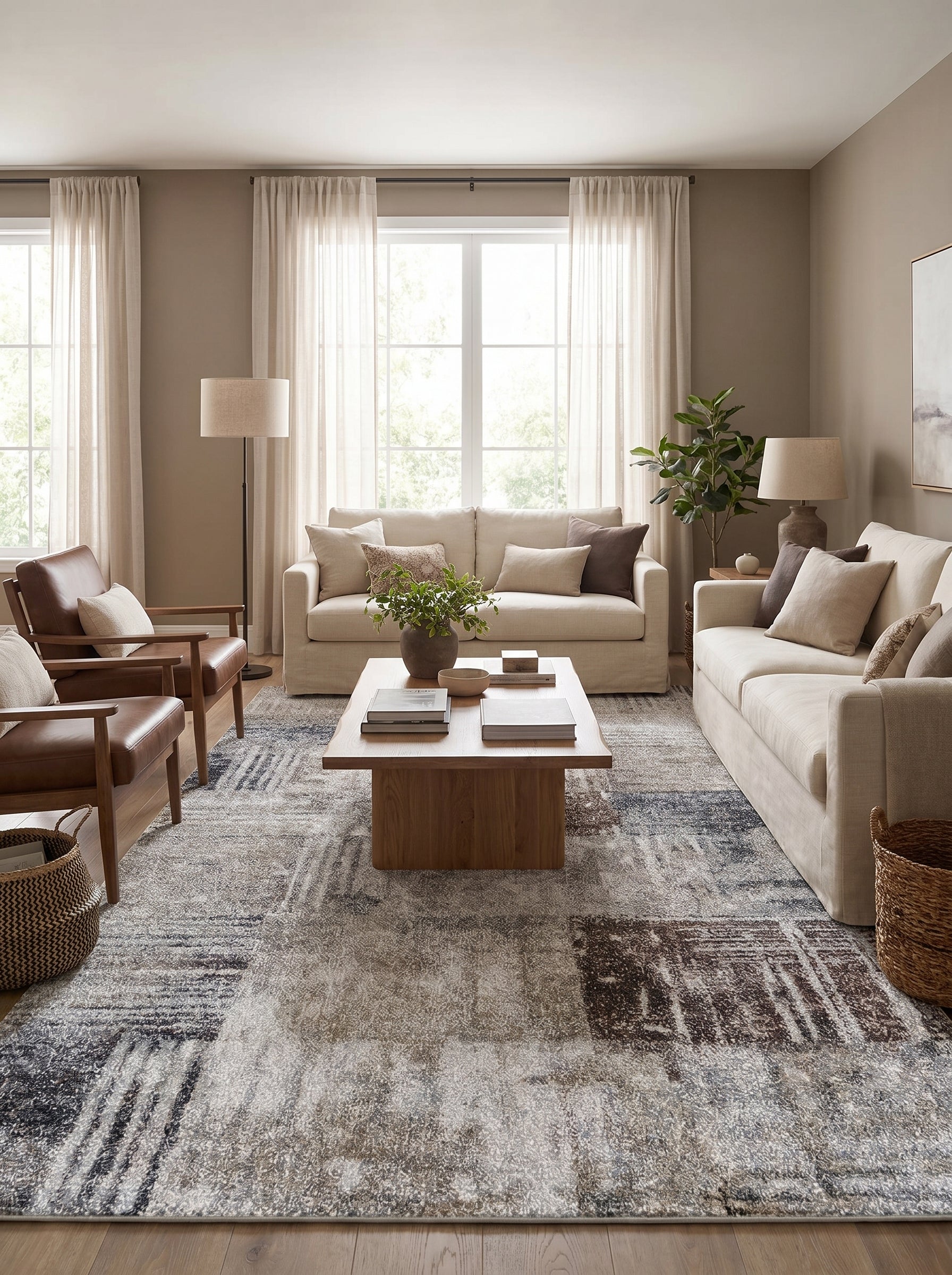 Tapis rectangulaire gris, beige et blanc à motifs abstraits patinés avec des touches de bleu et marron, au sol d'un salon