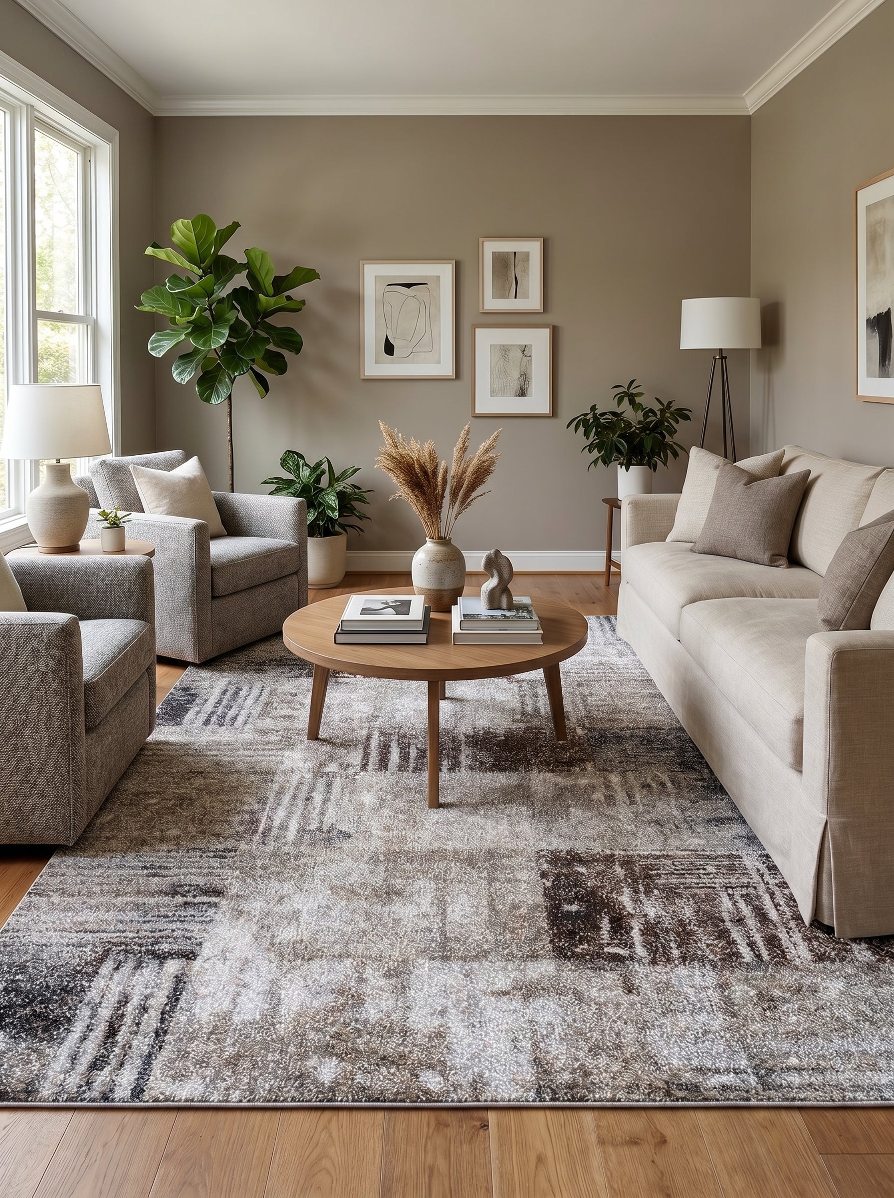 Tapis rectangulaire abstrait gris, beige et marron avec motifs délavés au centre d'un salon décoré