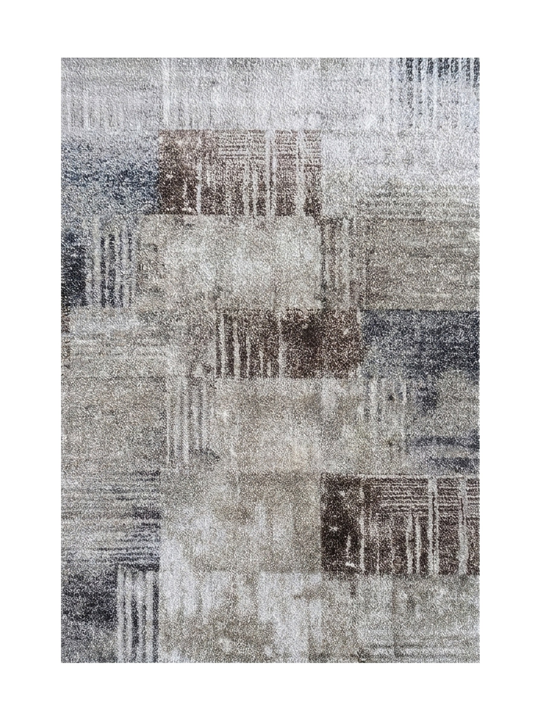 Tapis moelleux aux motifs abstraits rectangulaires gris, argentés, bruns et bleu foncé avec des rayures verticales