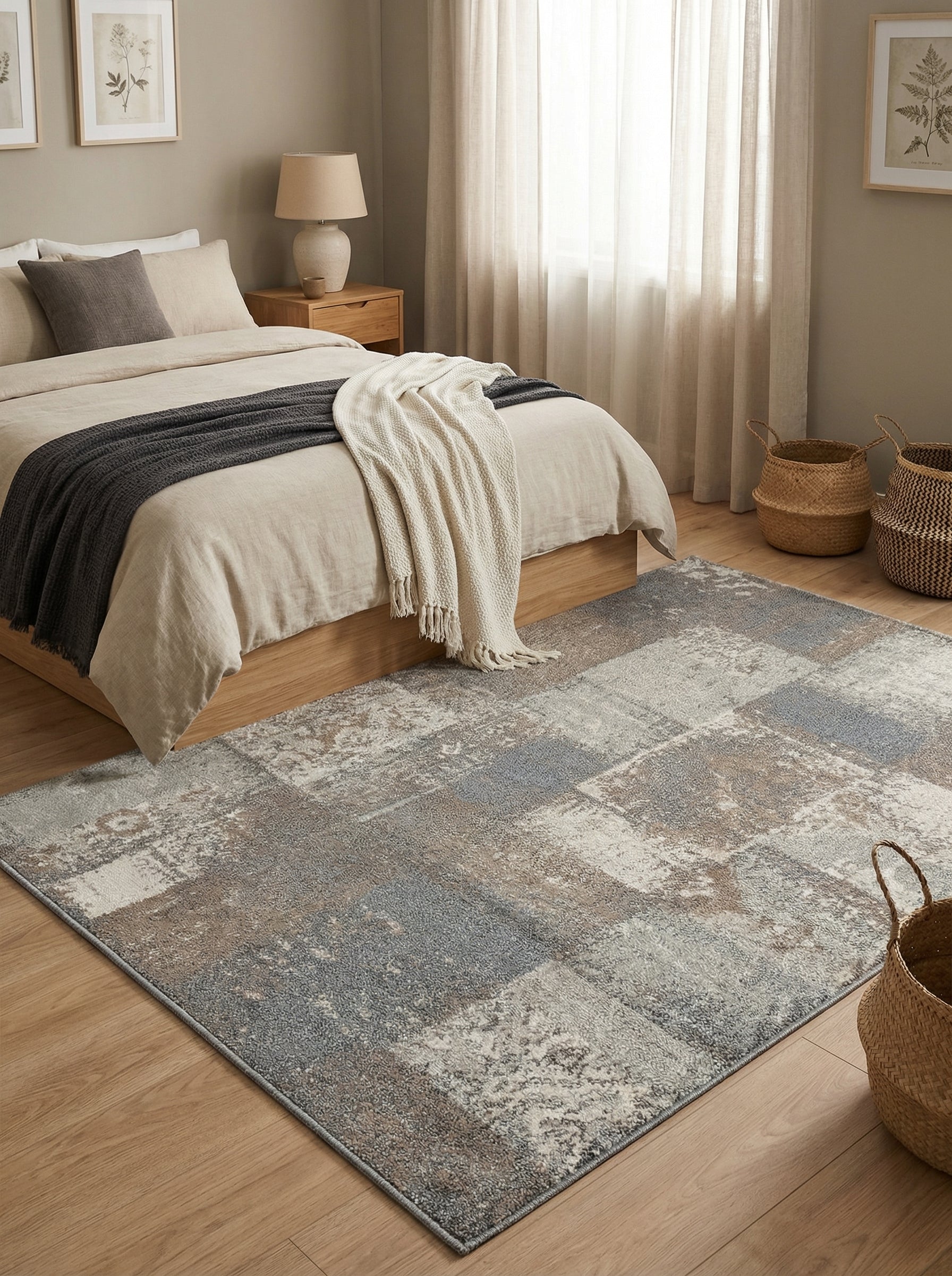 Tapis rectangulaire à motifs abstraits gris, beiges et bruns avec un effet vieilli, posé sur un parquet dans une chambre