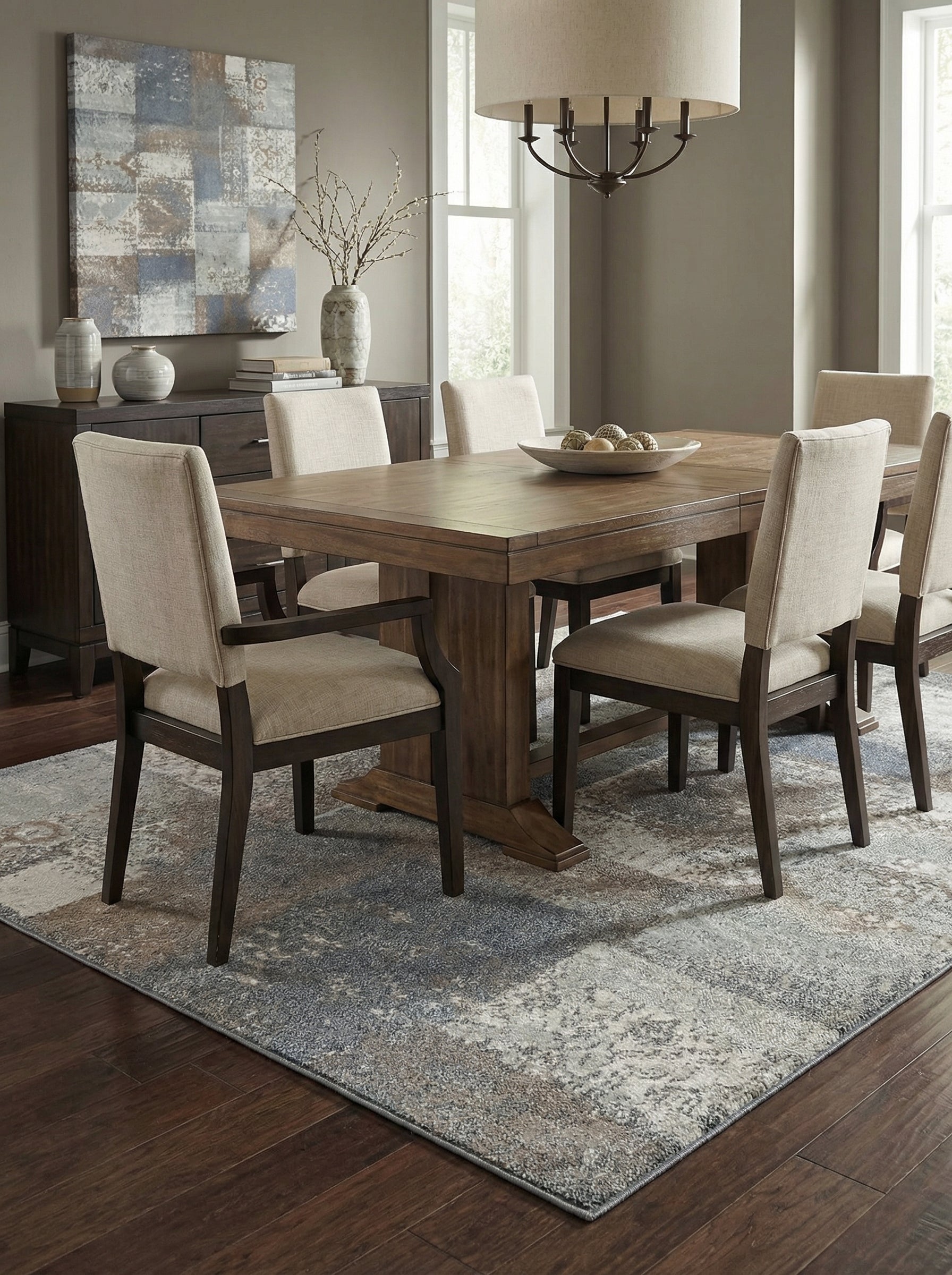 Tapis rectangulaire aux motifs abstraits et délavés gris, bleu-gris et beige sous la table d'une salle à manger
