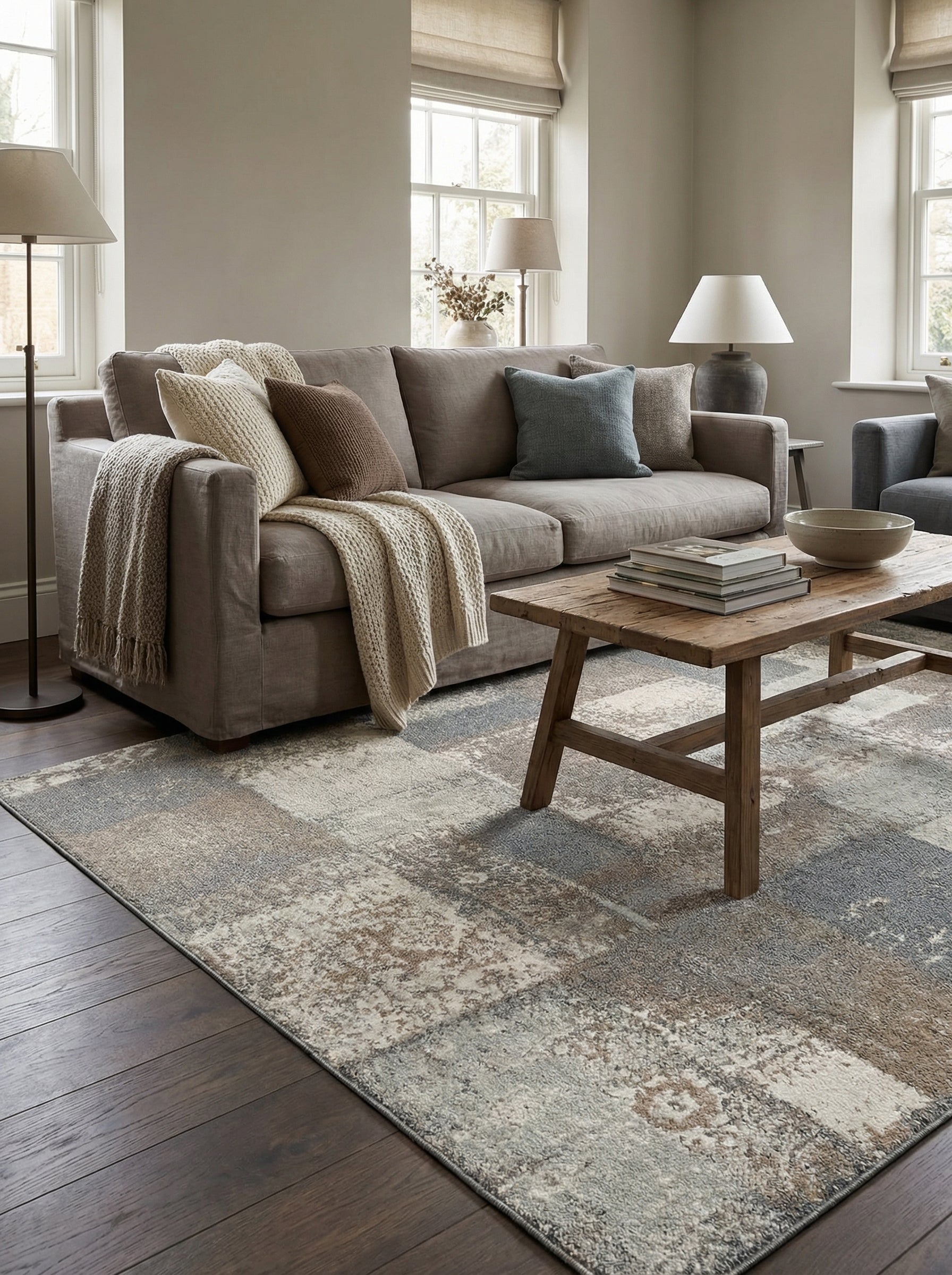 Tapis rectangulaire aux motifs abstraits et délavés de gris, beige, marron clair et blanc cassé dans un salon moderne