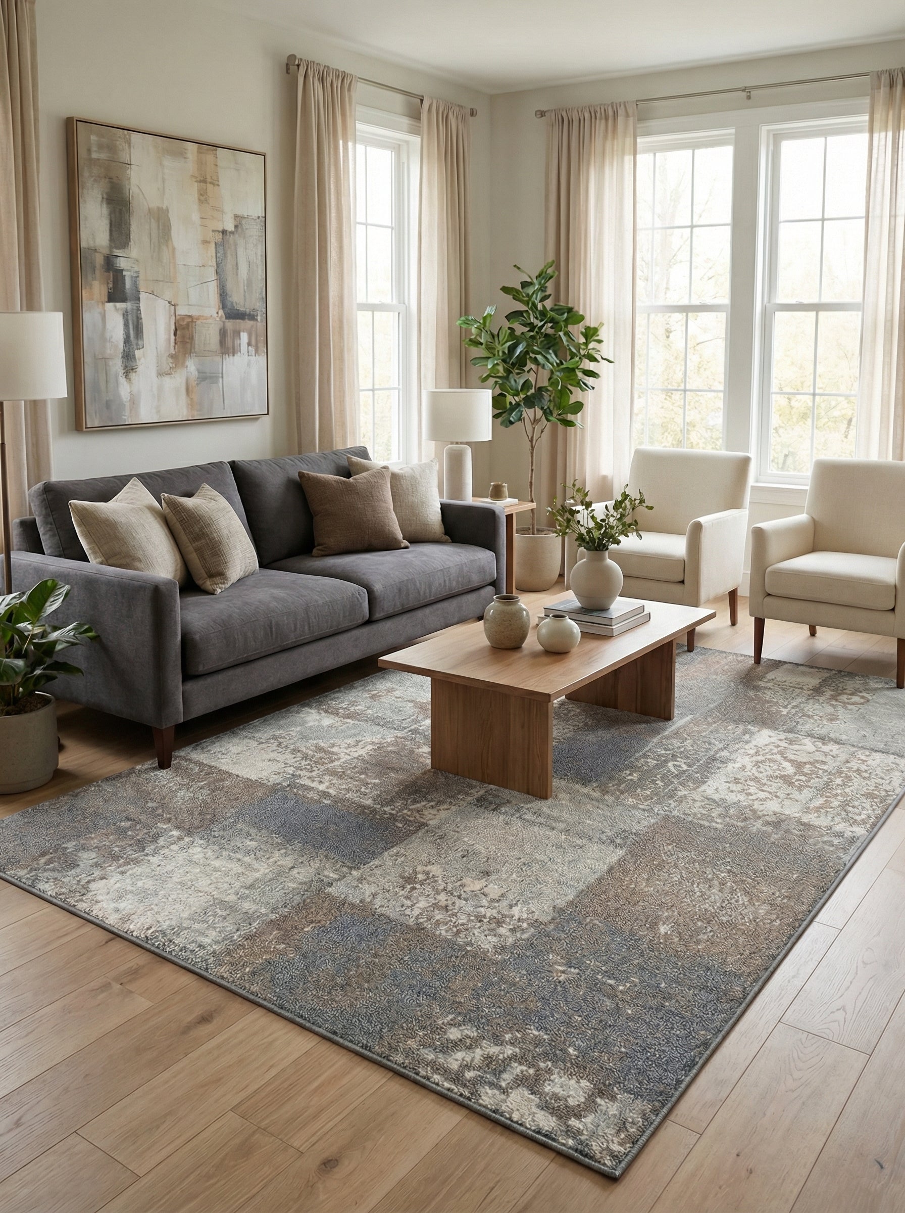 Grand tapis rectangulaire aux motifs abstraits de couleurs gris, beige, bleu et crème, à la texture mouchetée, dans un salon