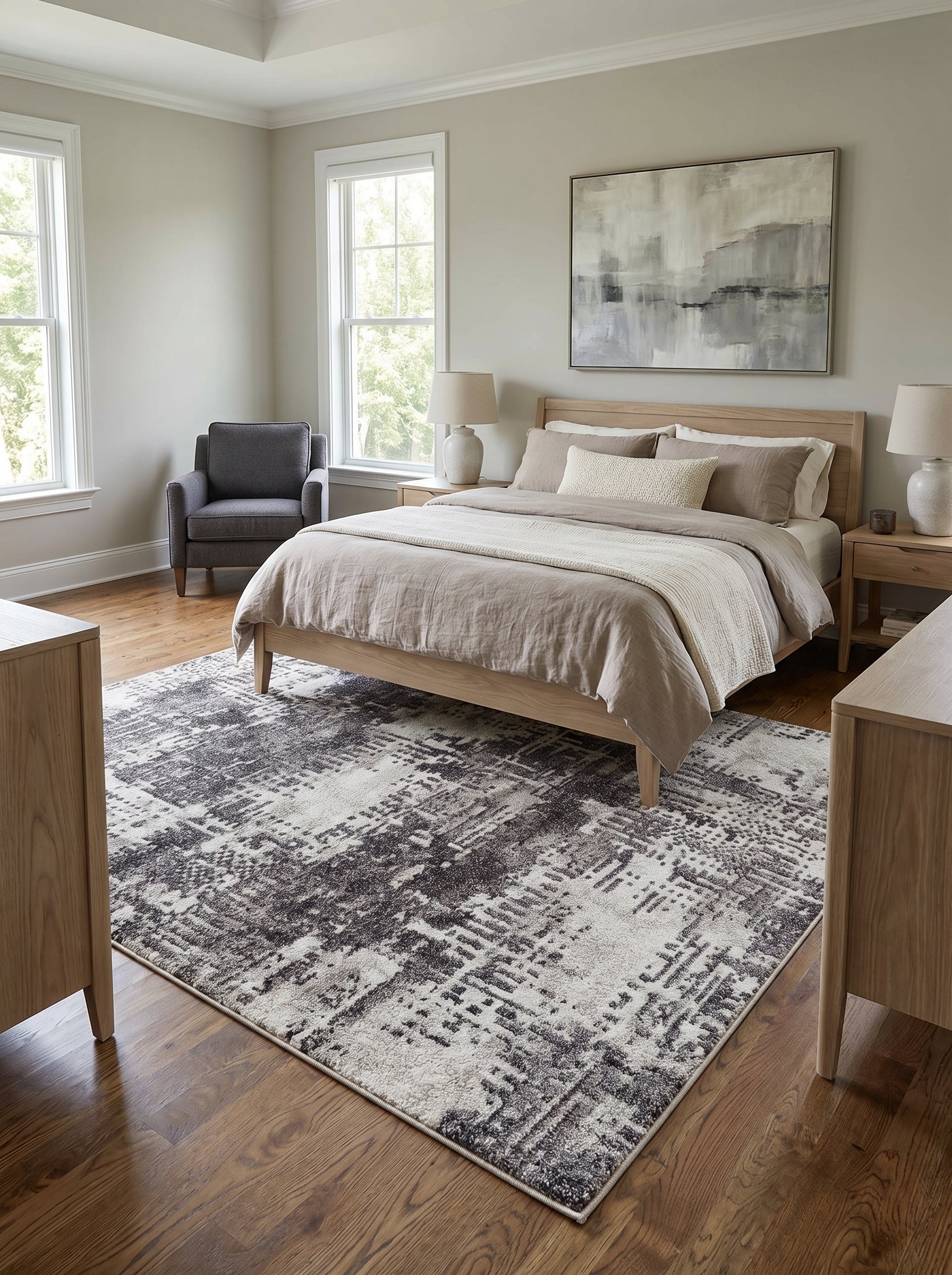 Tapis rectangulaire moelleux aux motifs abstraits déstructurés en dégradés de gris foncé et crème, posé sur le parquet d'une chambre élégante
