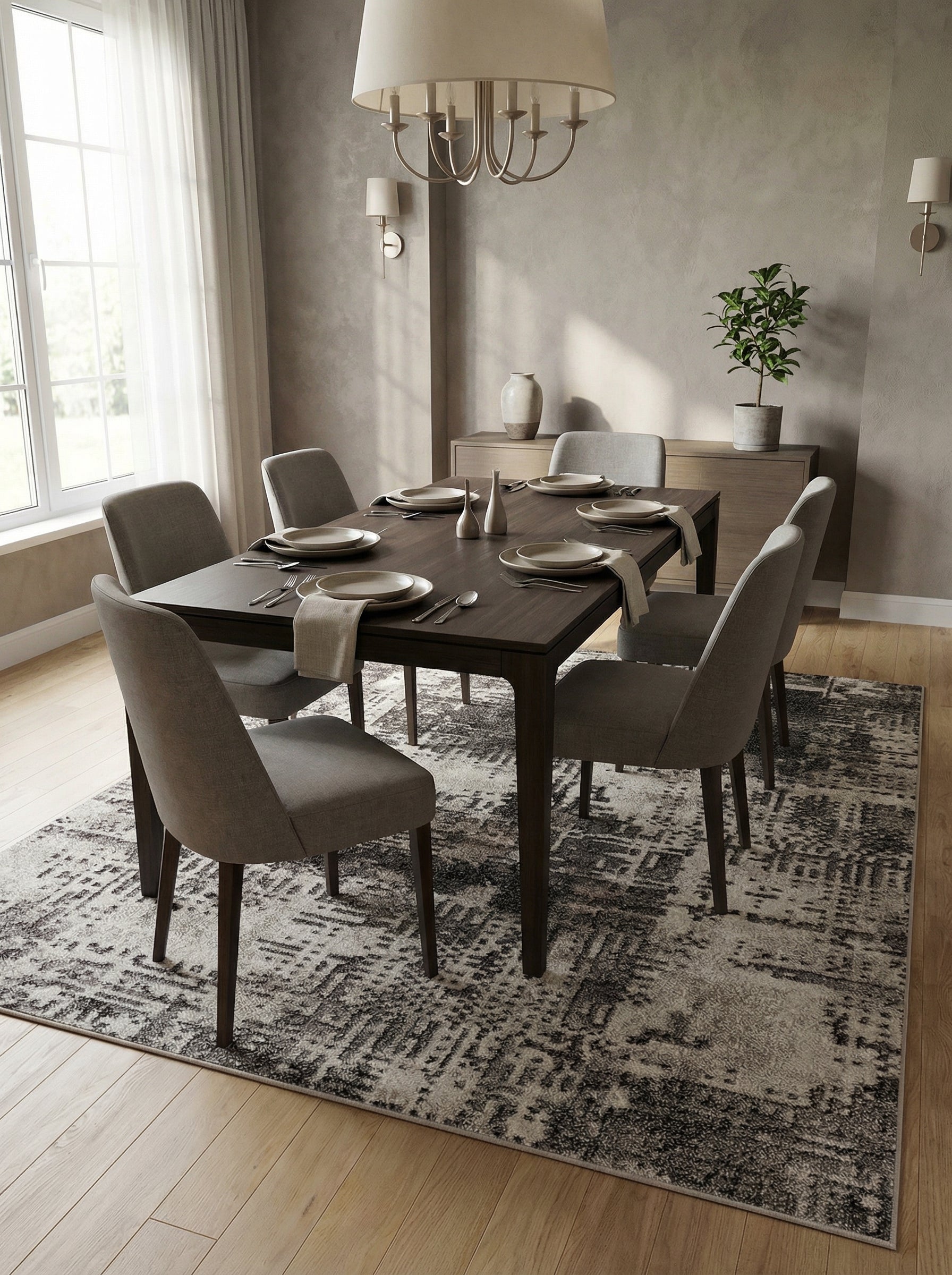 Tapis rectangulaire gris, noir et blanc cassé aux motifs abstraits contemporains sous une table de salle à manger
