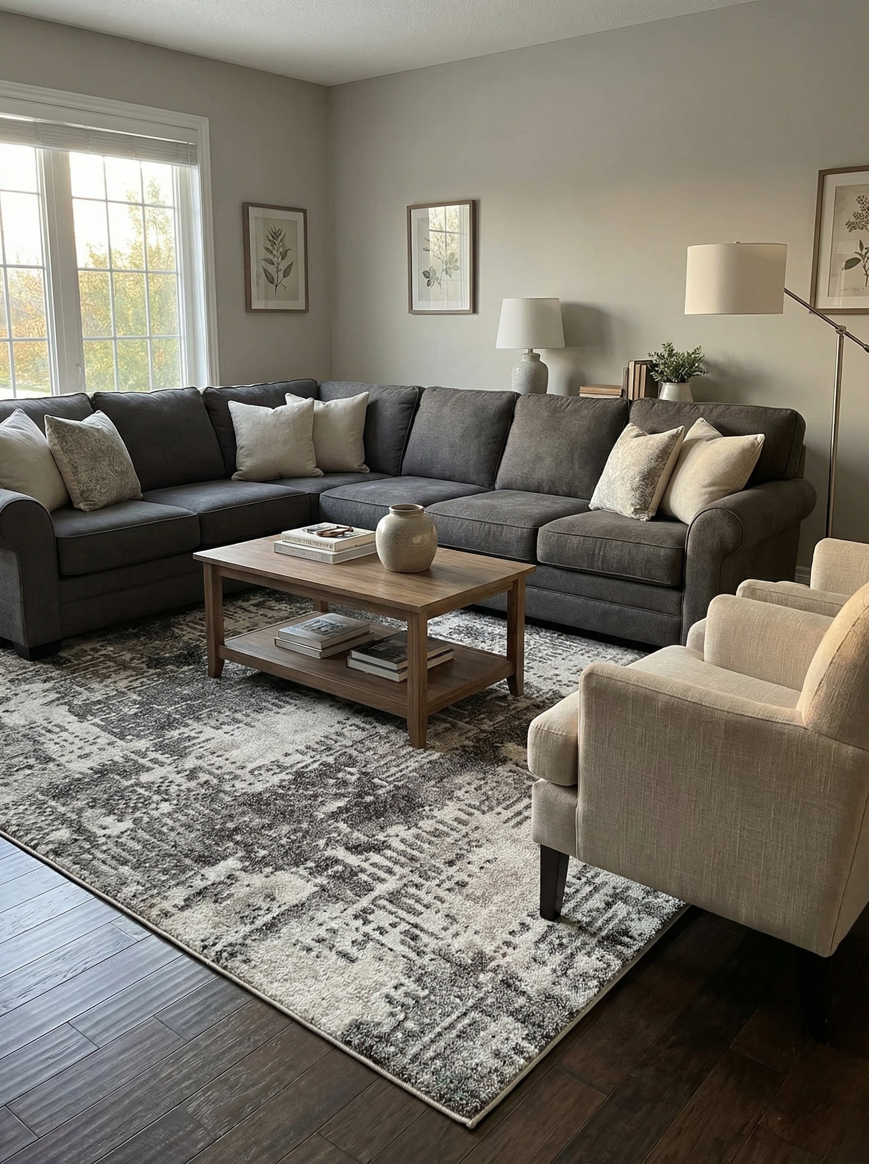 Tapis rectangulaire blanc cassé et gris foncé à motifs abstraits et géométriques, posé sur un parquet dans un salon chaleureux
