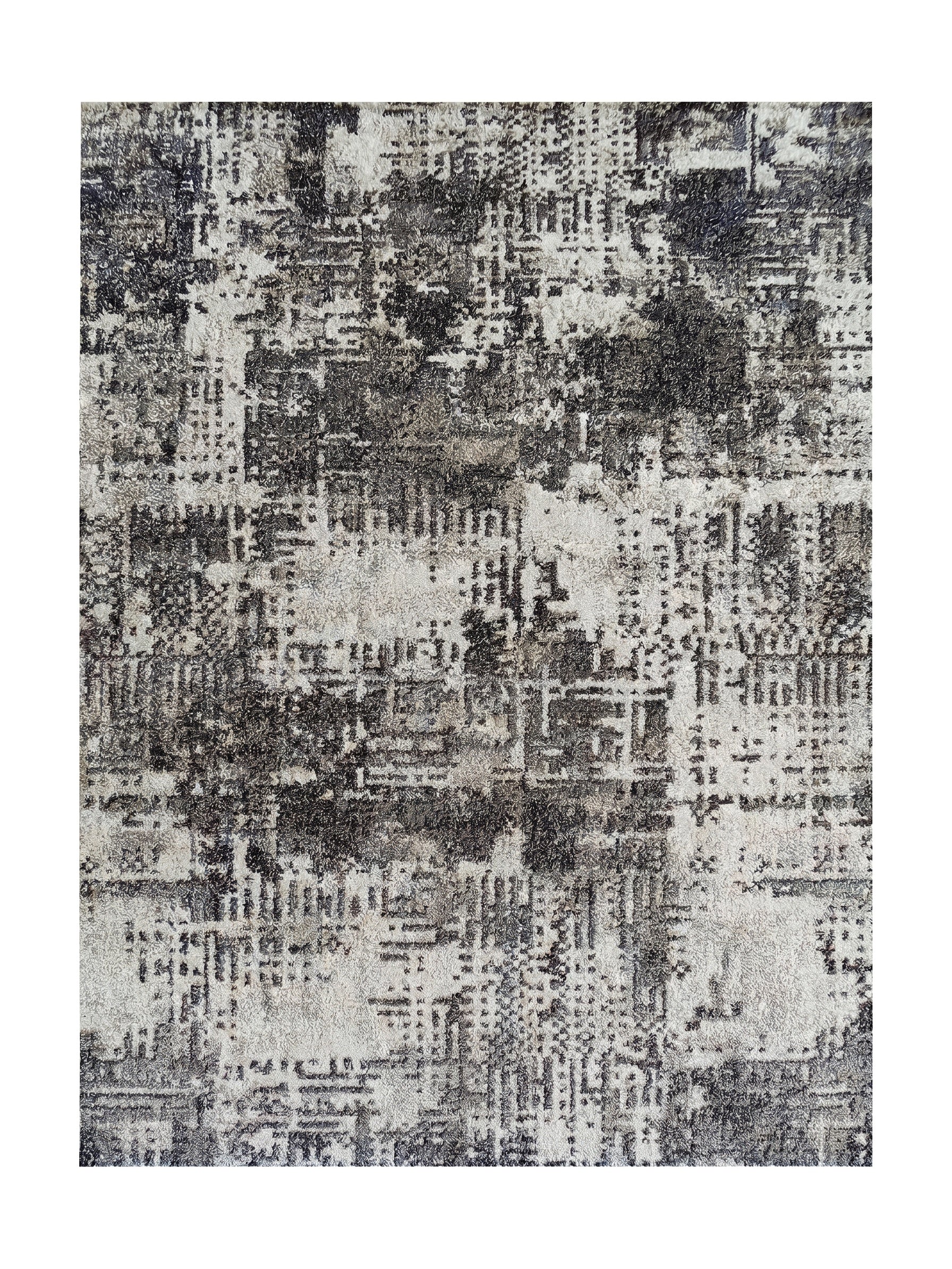 Tapis rectangulaire à motifs abstraits et texturés de couleur noir, gris foncé, gris clair et blanc crème