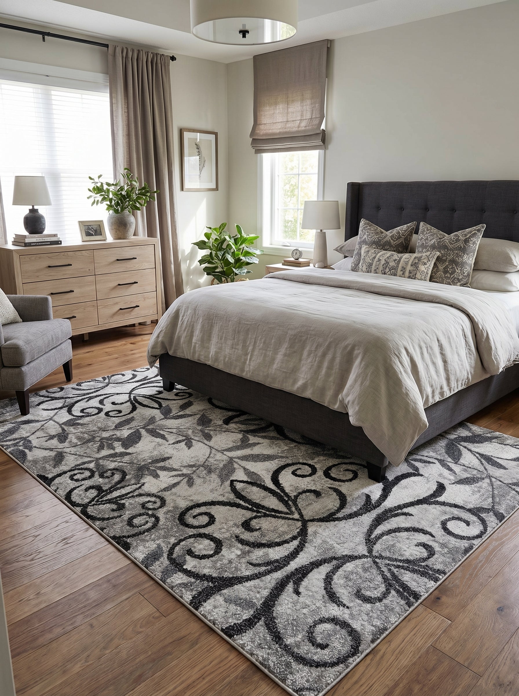 Tapis rectangulaire gris clair et foncé avec de grands motifs floraux noirs abstraits. Il est posé sur un parquet en bois clair dans une chambre