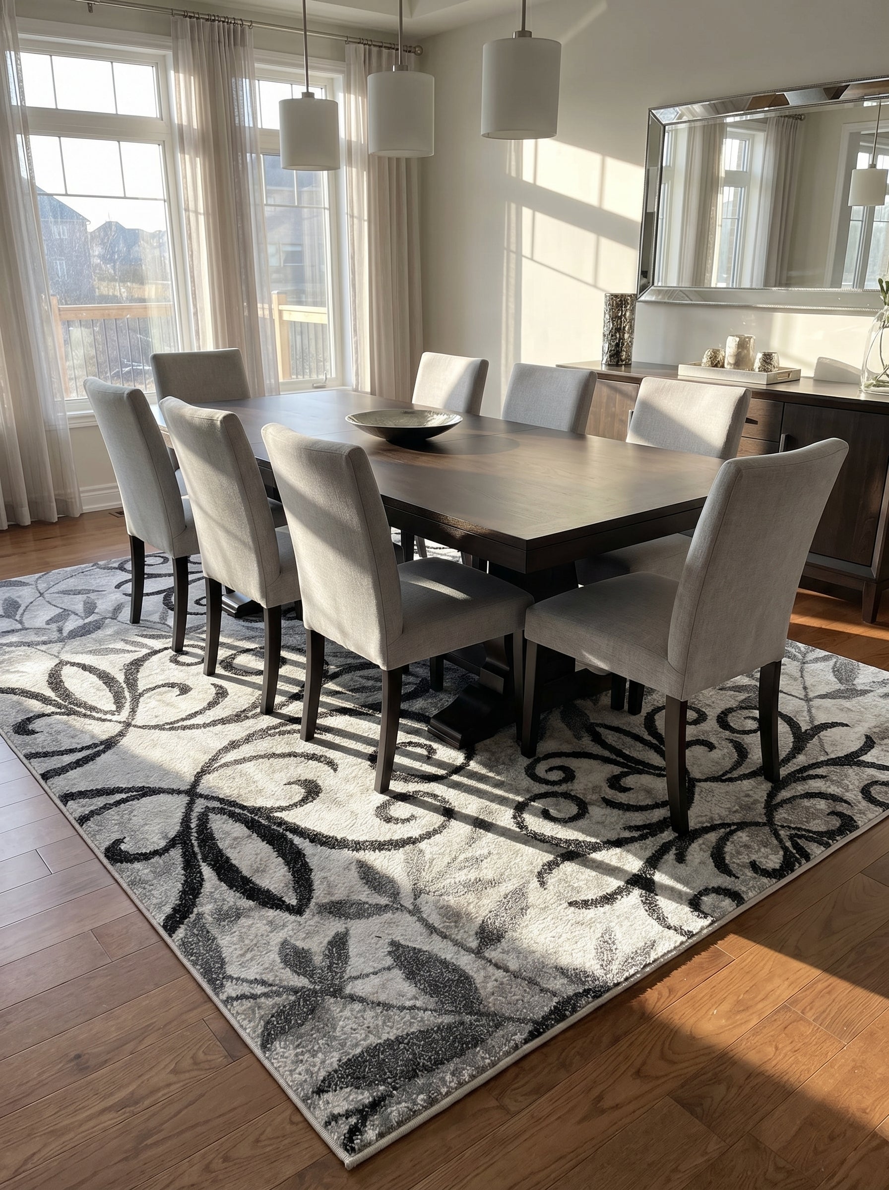 Tapis rectangulaire aux motifs abstraits gris et noirs sur fond blanc, sous une table à manger dans une salle à manger ensoleillée