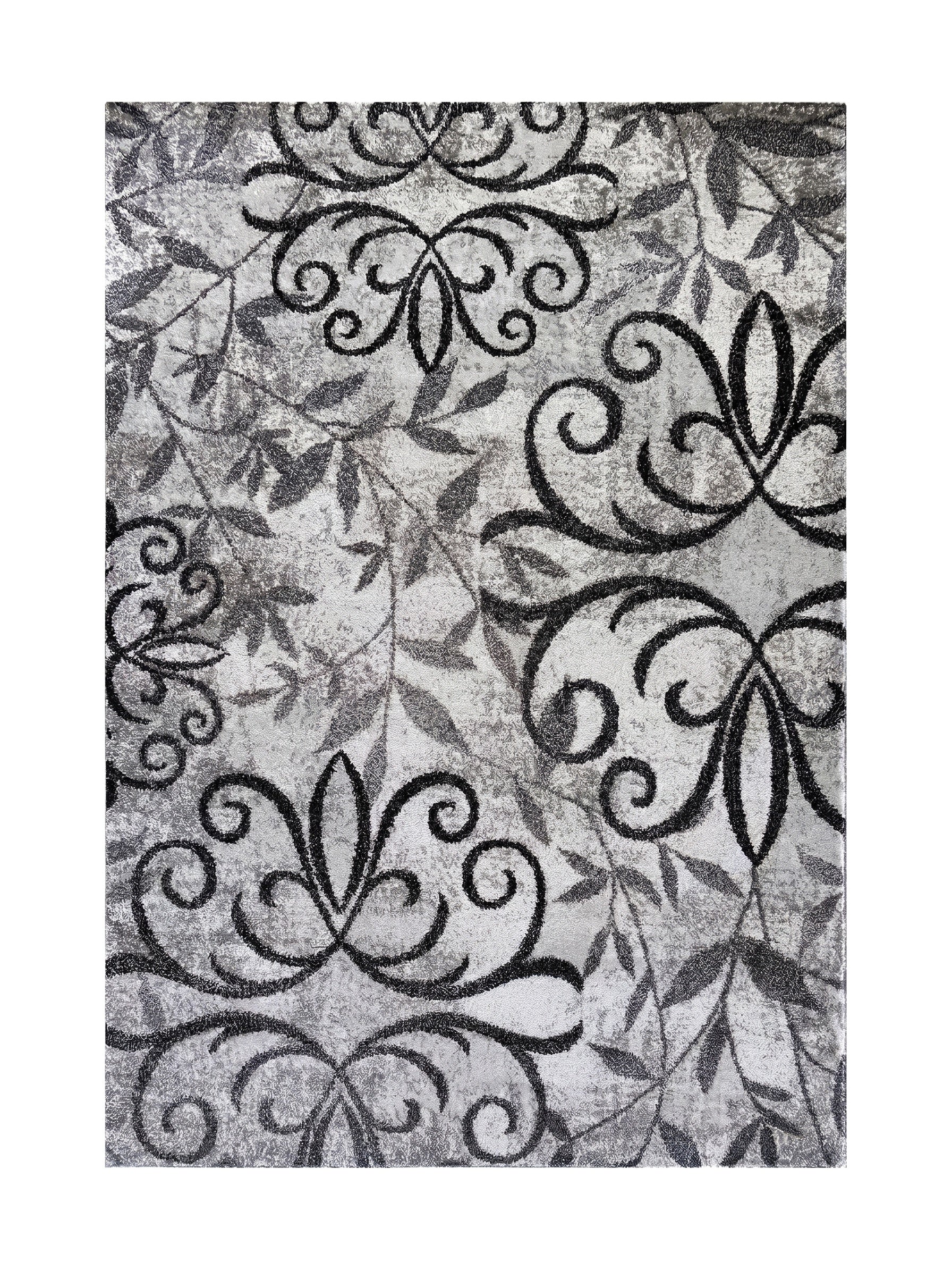 Tapis en textile moelleux gris et blanc, orné de grands motifs floraux noirs et de feuillages gris