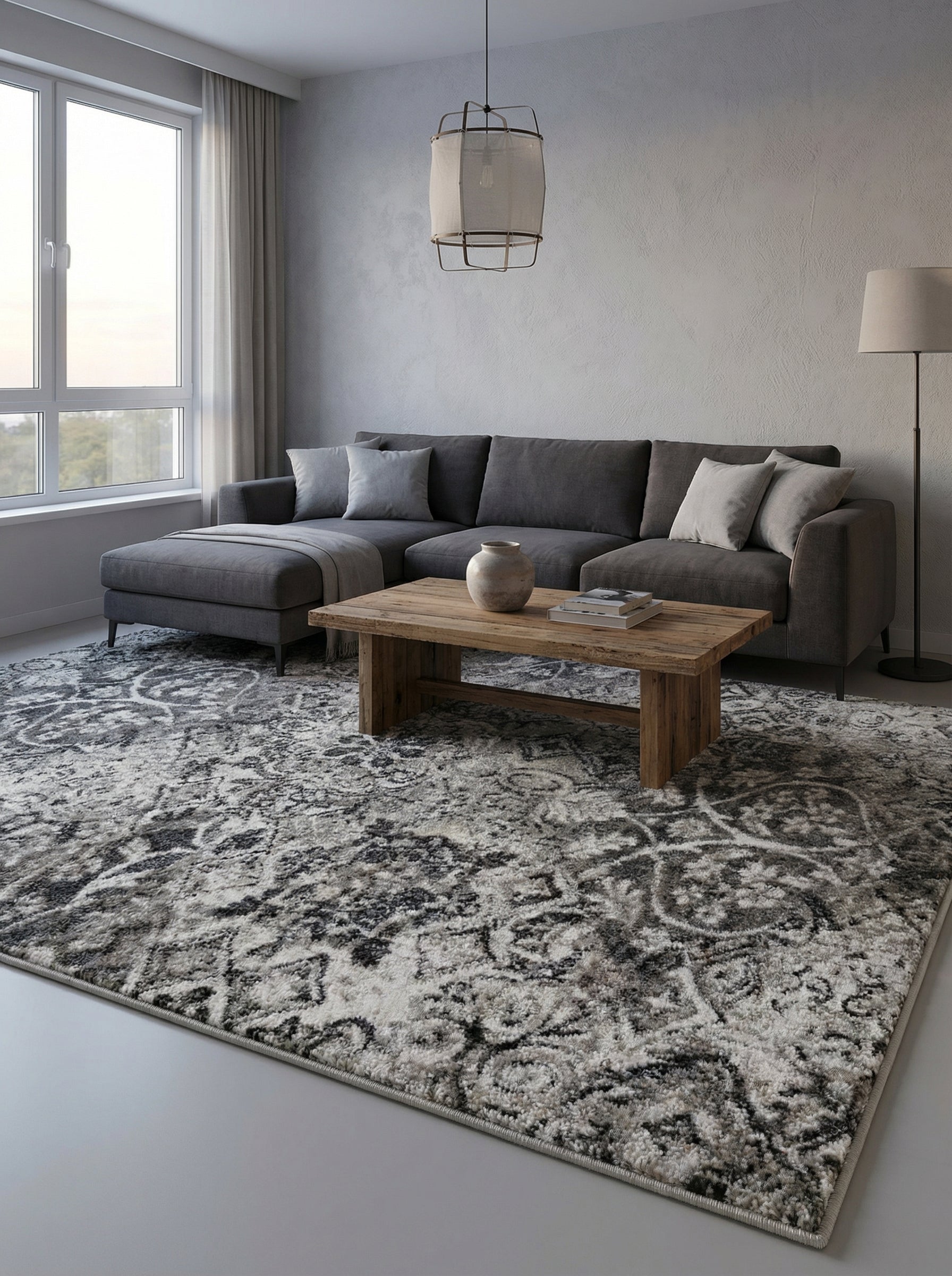 Tapis rectangulaire à motifs floraux abstraits gris foncé, gris clair et blanc cassé à poils longs, posé dans un salon moderne