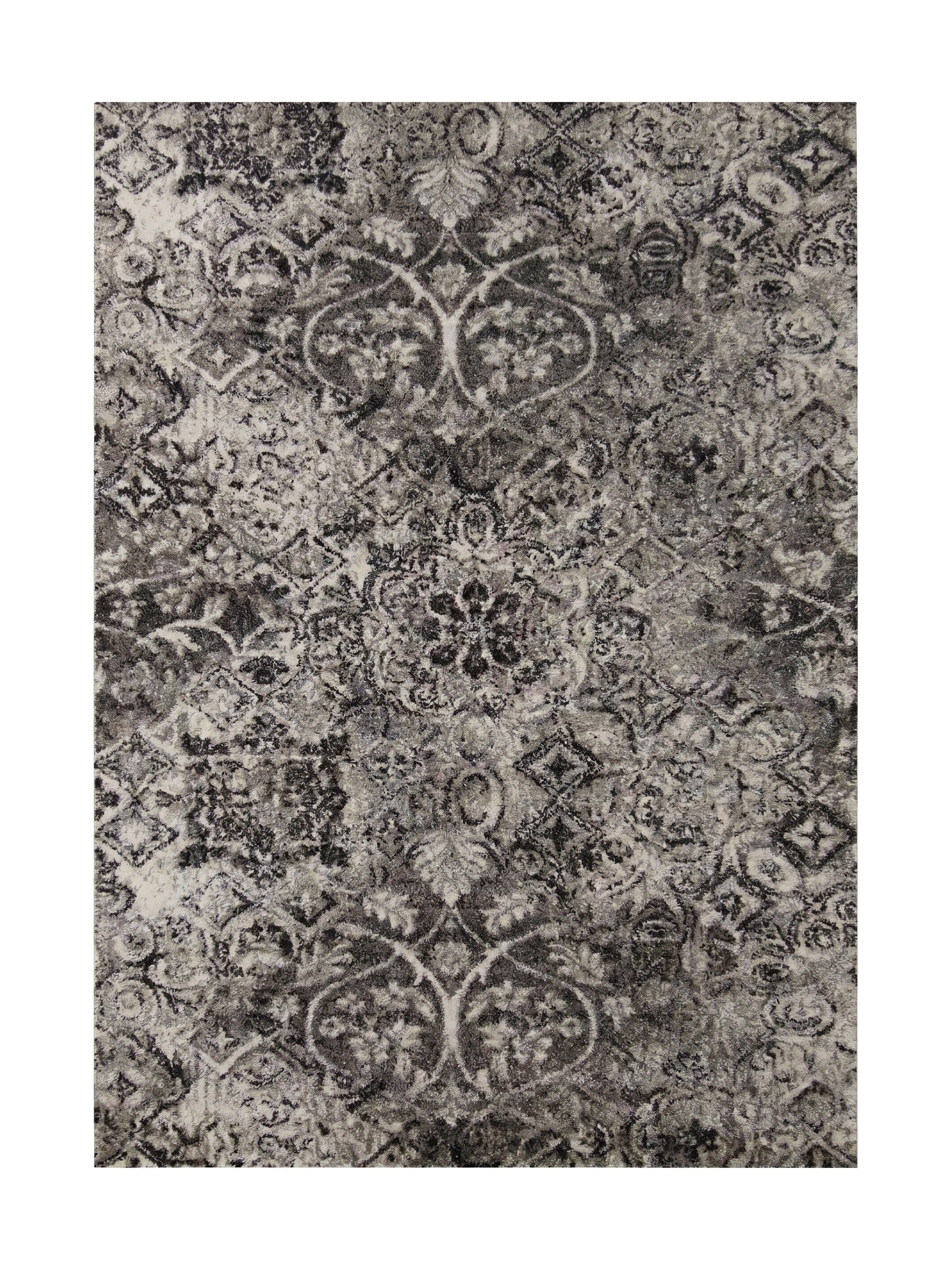 Tapis rectangulaire aux motifs floraux et arabesques gris foncé, gris clair et blanc cassé, texture douce et veloutée