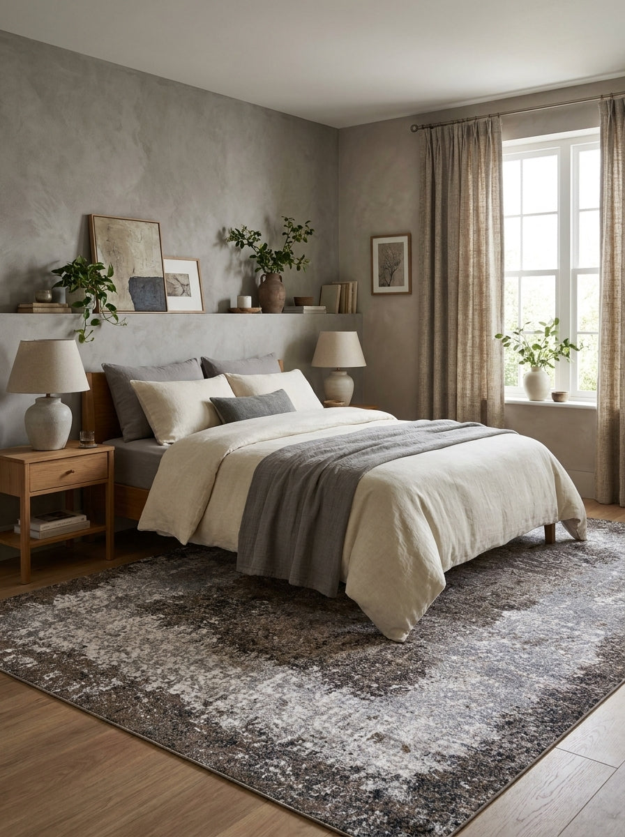 Tapis rectangulaire aux motifs abstraits gris, blancs et marron avec un aspect délavé, au sol d'une chambre moderne