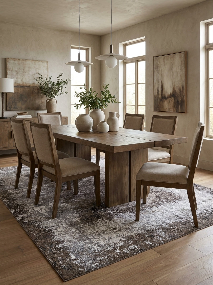 Tapis rectangulaire aux motifs abstraits mêlant gris anthracite, blanc crème et beige clair, dans une salle à manger