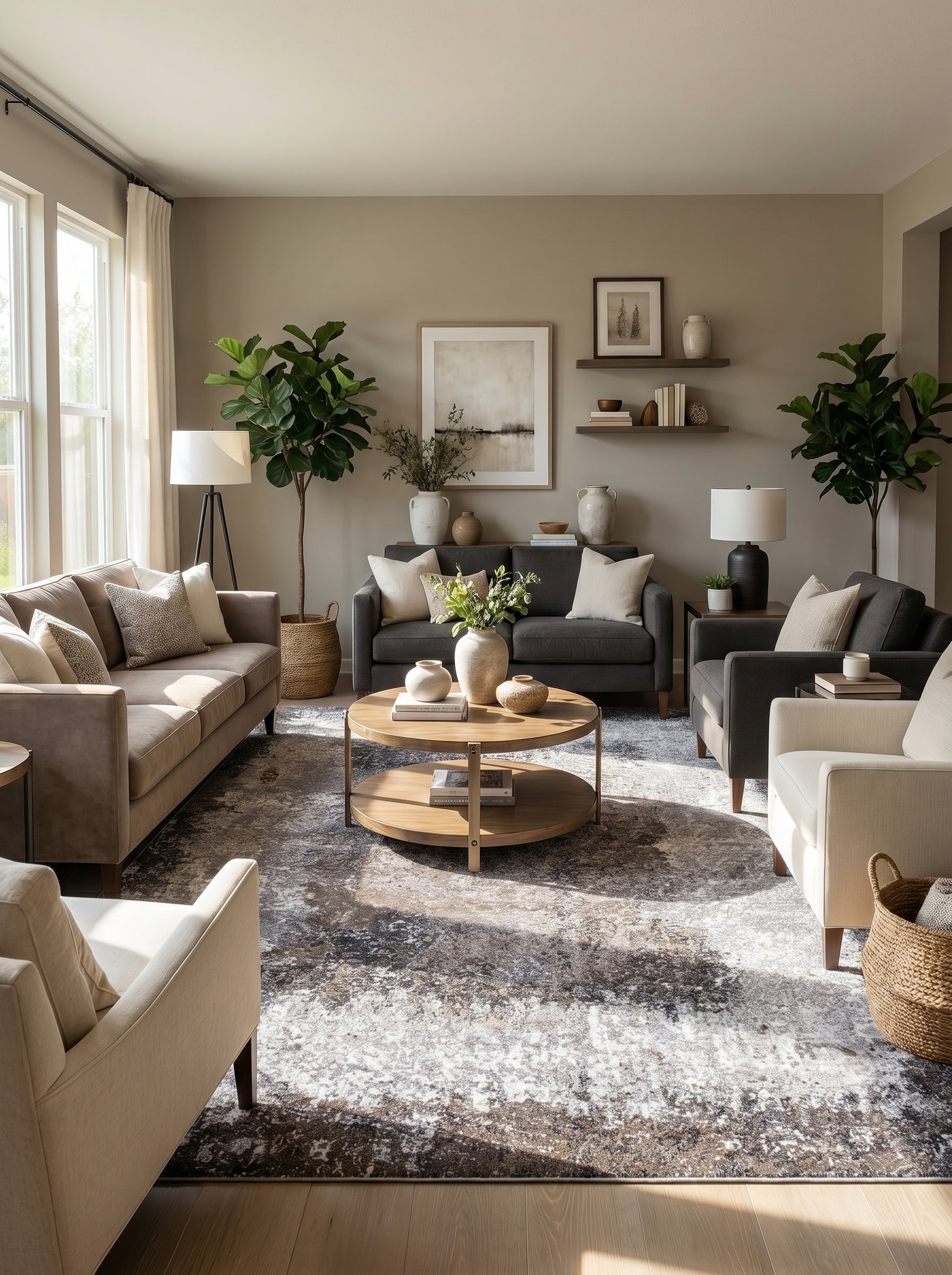 Tapis rectangulaire à motifs abstraits marron foncé, gris clair et crème avec un aspect vieilli dans un salon élégant