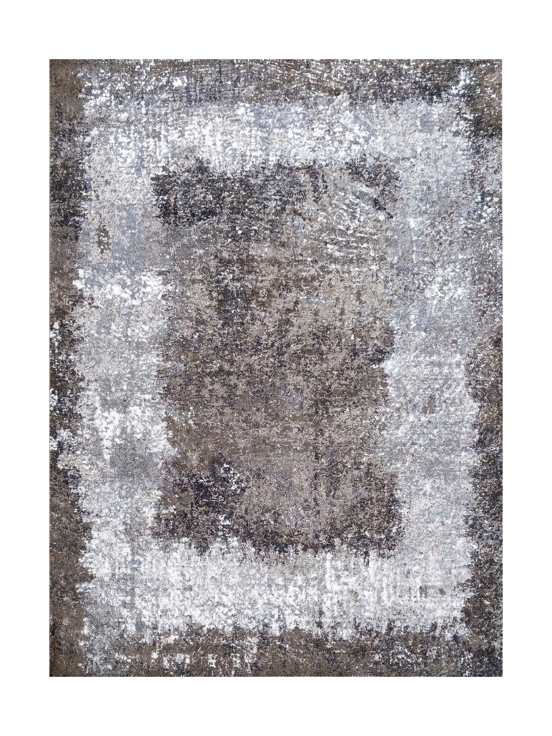 Tapis rectangulaire à motif abstrait gris foncé et brun, avec un cadre central plus clair aux accents argentés et blancs
