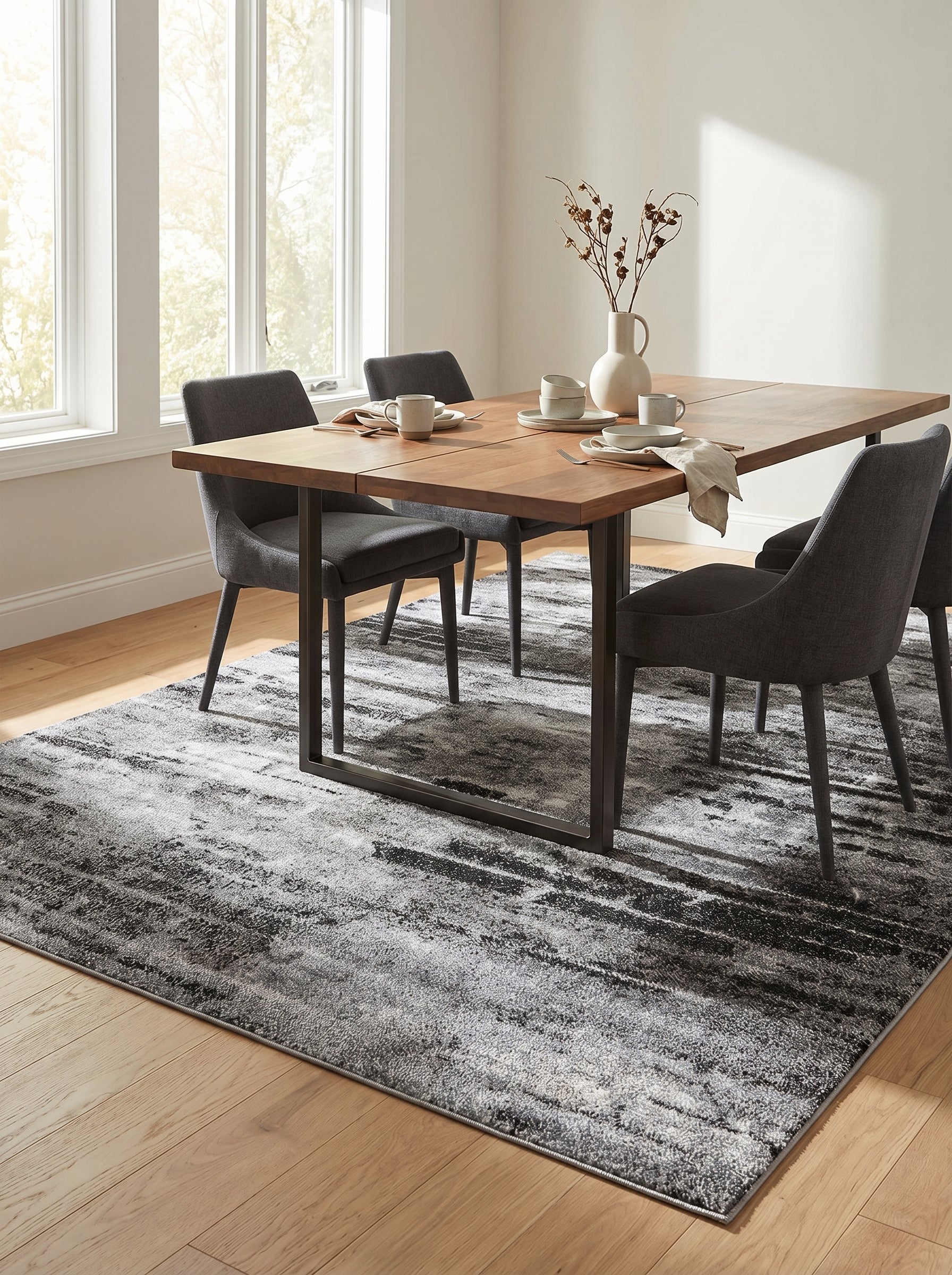 Tapis rectangulaire aux motifs abstraits gris, noirs et blancs, effet patiné sous une table dans une salle à manger