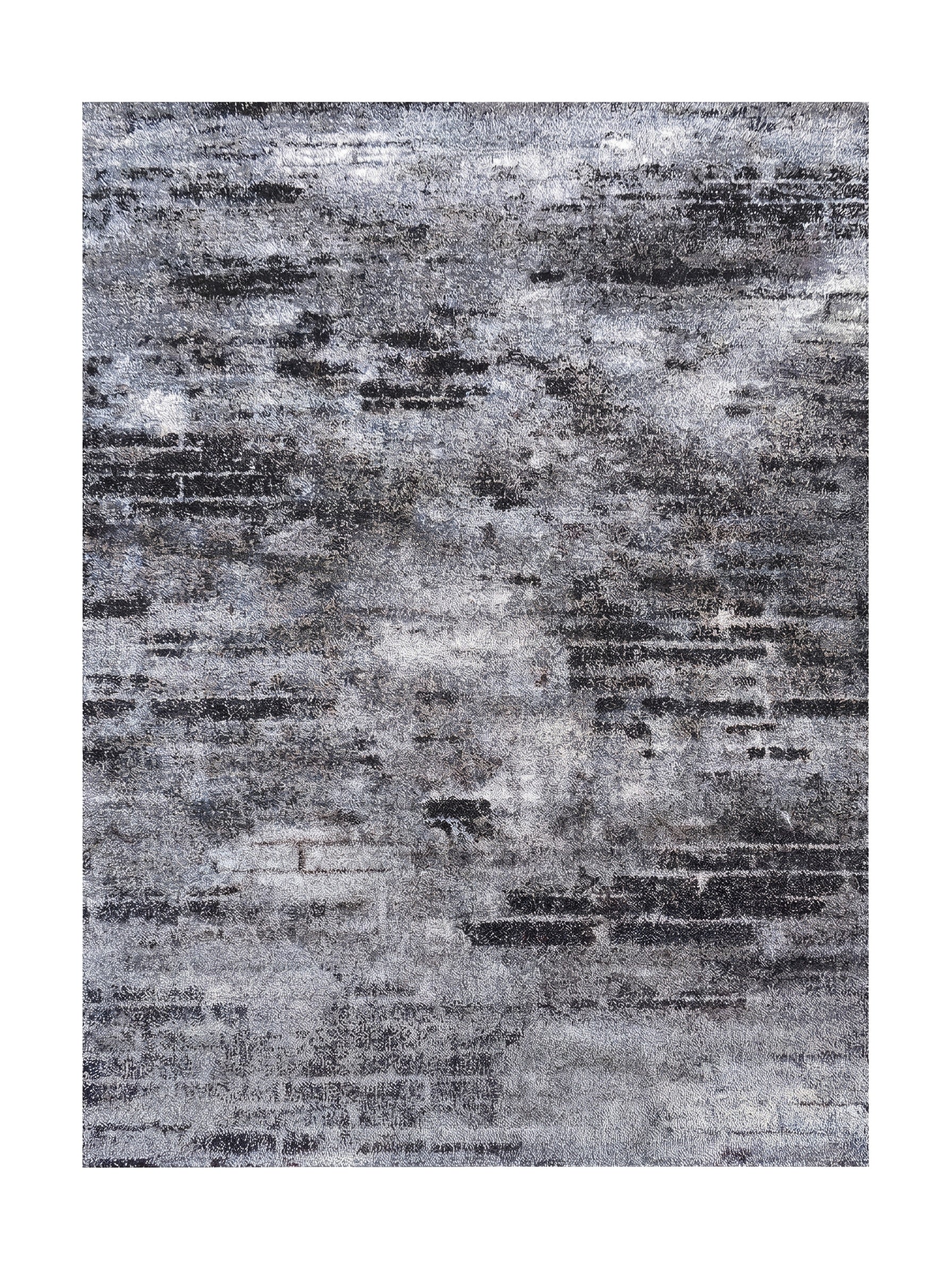 Un tapis rectangulaire gris et noir avec un motif abstrait marbré et une texture d'aspect fourrure