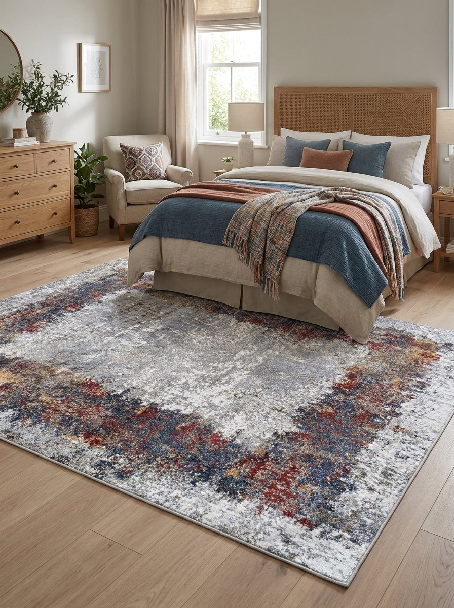 Tapis rectangulaire abstrait aux tons gris et blancs, rehaussé de motifs rouges, bleus et ocre effet vieilli dans une chambre