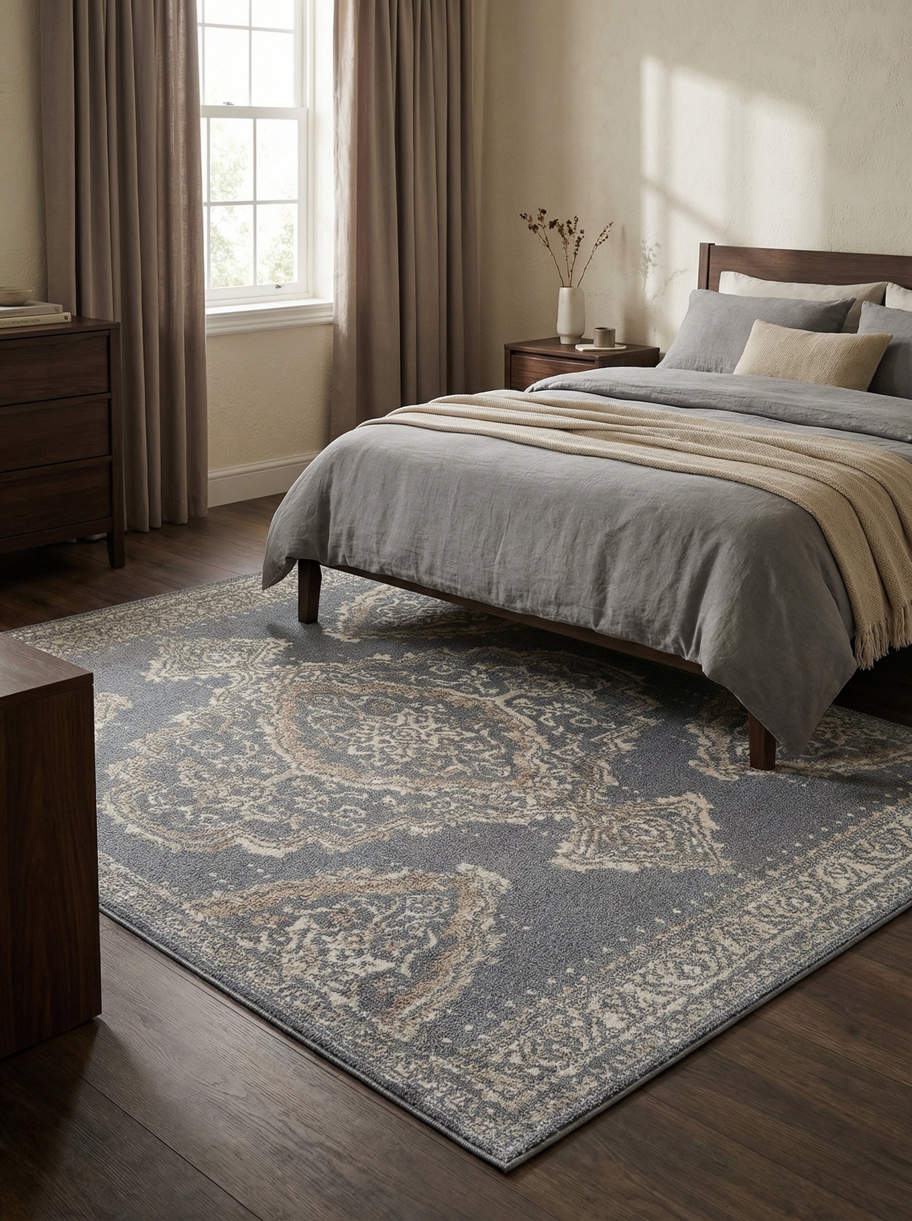 Tapis rectangulaire gris-bleu à motifs médaillon et bordure beige crème vieillie sur un parquet sombre dans une chambre