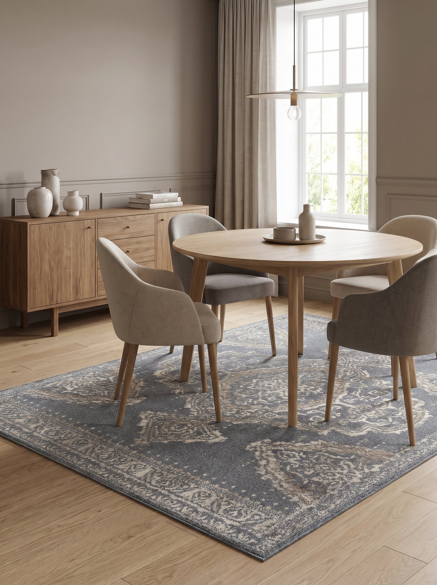 Tapis rectangulaire bleu-gris à motifs orientaux beiges et marron clair, posé sur un parquet en bois clair dans une salle à manger lumineuse