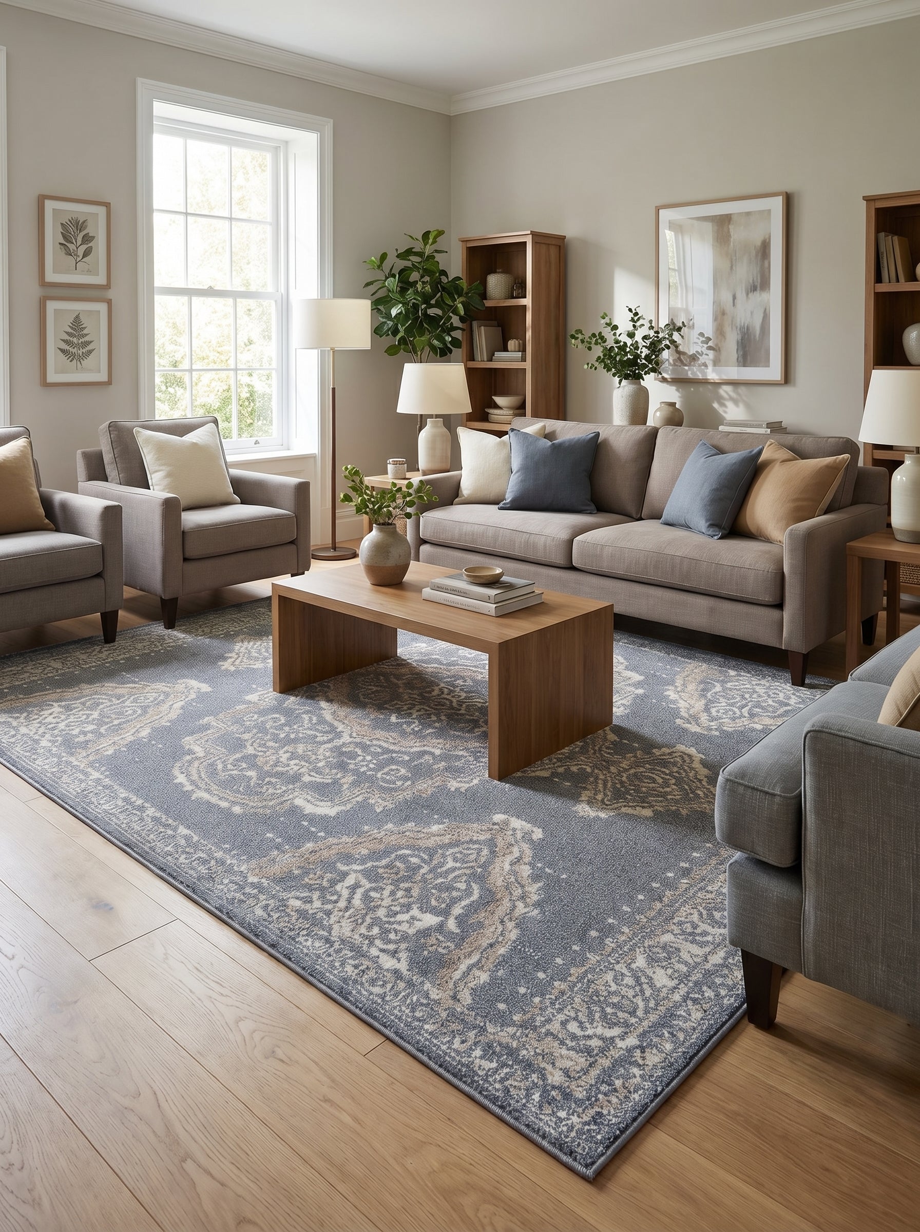 Tapis rectangulaire bleu-gris à motifs ornementaux crème et beiges, posé sur un parquet clair dans un salon lumineux