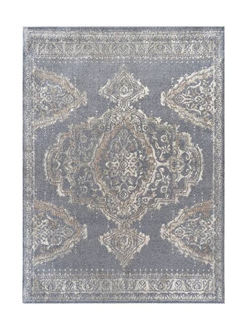 Tapis rectangulaire en textile bleu gris avec un grand motif central et des bordures ornementales crème et marron